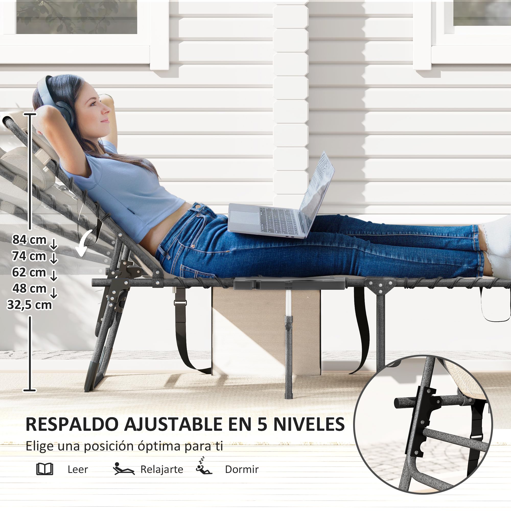 Outsunny Tumbona Plegable, Tumbona Jardín Exterior con Respaldo Ajustable, Reposacabezas, Bolsillo Lateral, Bandeja y Estructura de Acero, Carga 120 kg para Terraza Piscina Playa, 190x60x31 cm, Crema