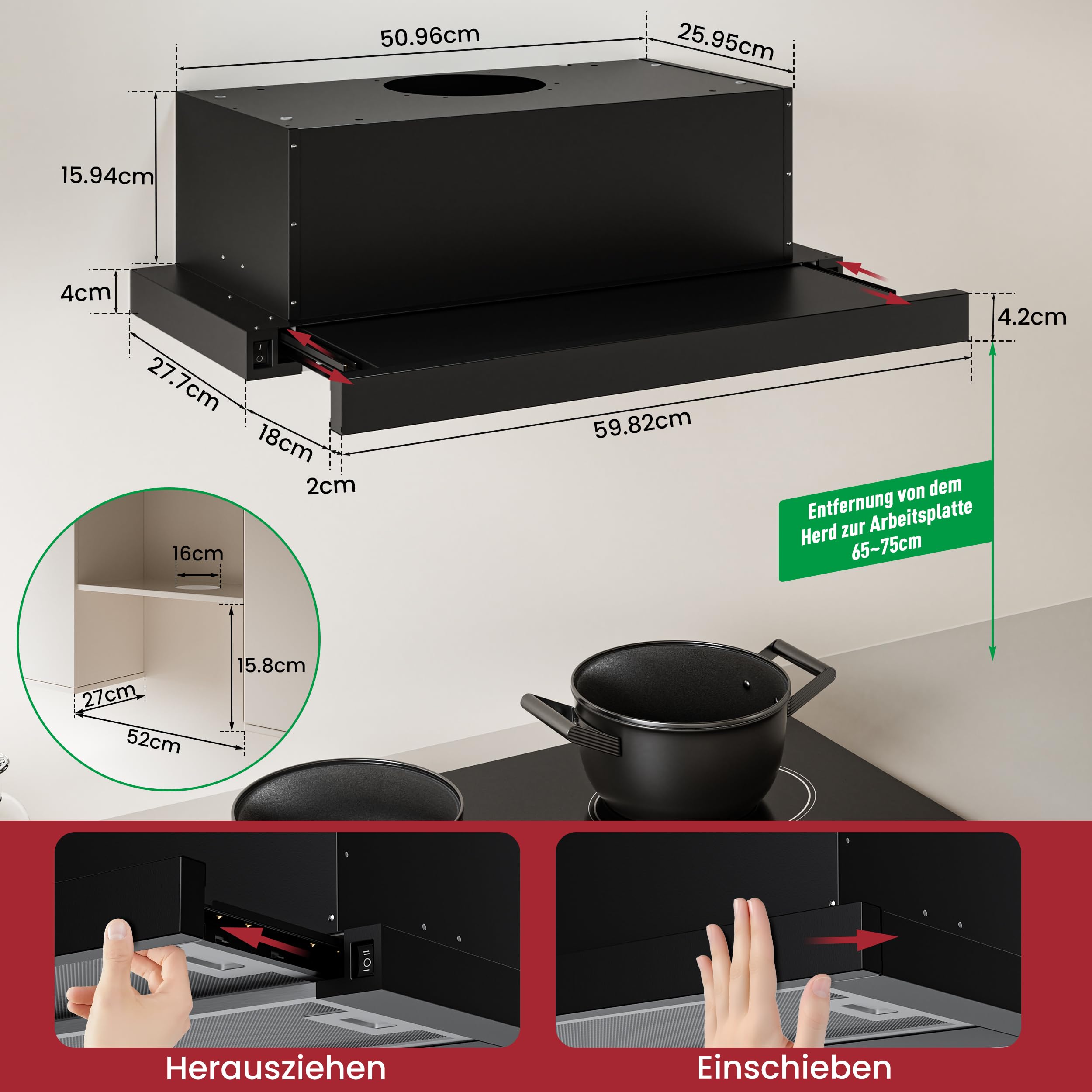 LEVIVO Dunstabzugshaube 60cm Unterbau Umluft Abluft 400 m³/h Flachschirmhaube 2 Stufen LED-Licht Ausziehbar Schwarz
