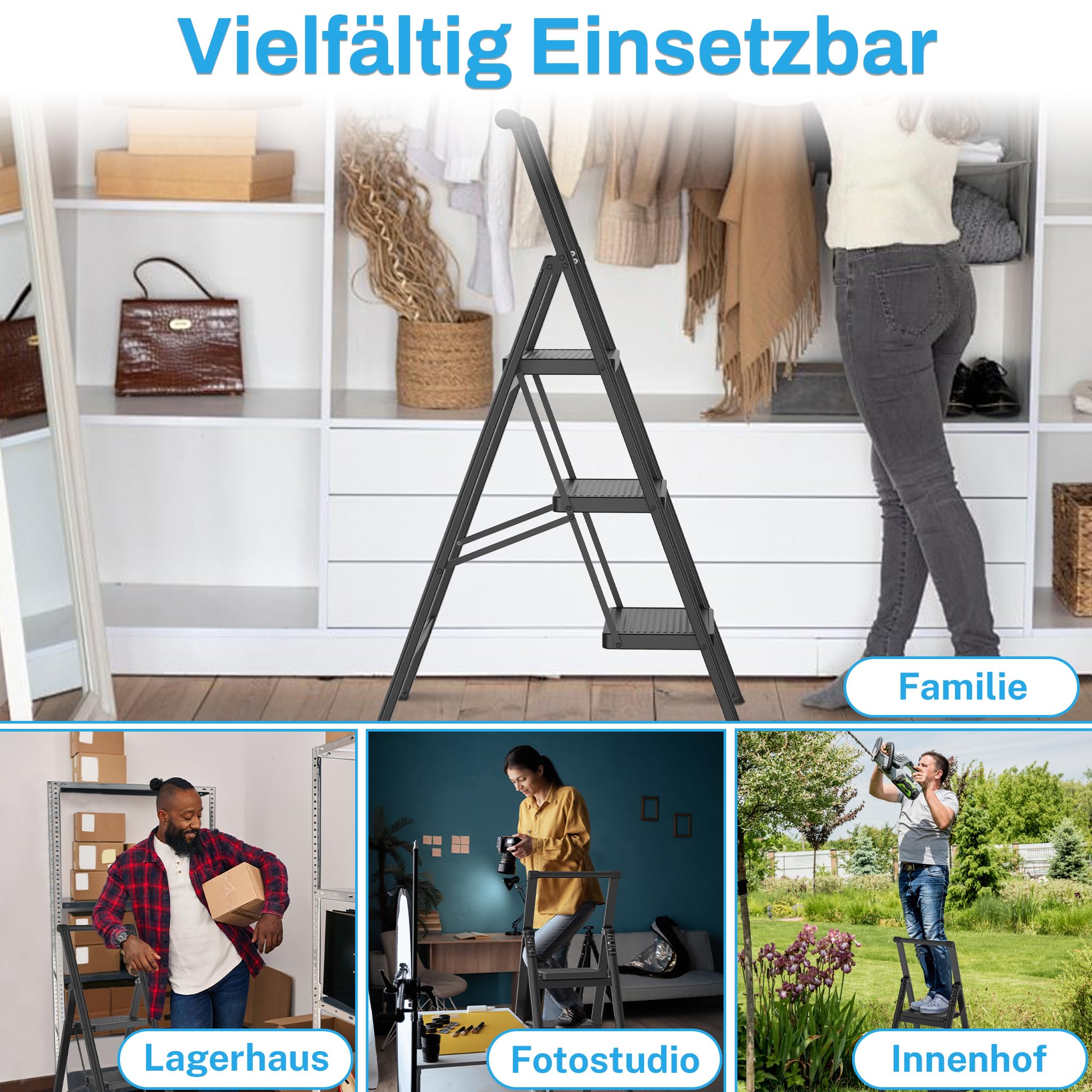 Froadp Trittleiter 3 Stufen Klappbar rutschfeste Stehleiter Eisen Klappleiter Multifunktionale Leiter mit Handlauf Tritthocker Haushaltsleiter für Haus Küche und Außenbereich Belastbar bis 250 kg