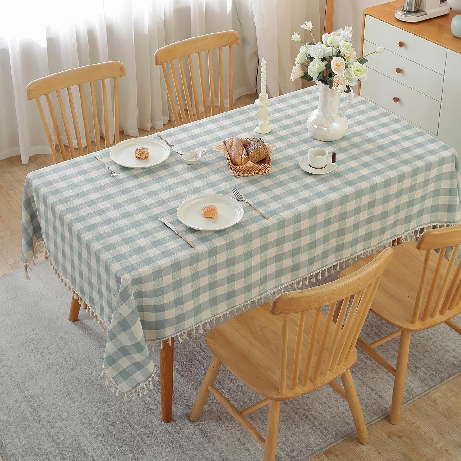 Checkered Cotton Linen Tablecloth, Gingham, Blue/White, 55x120