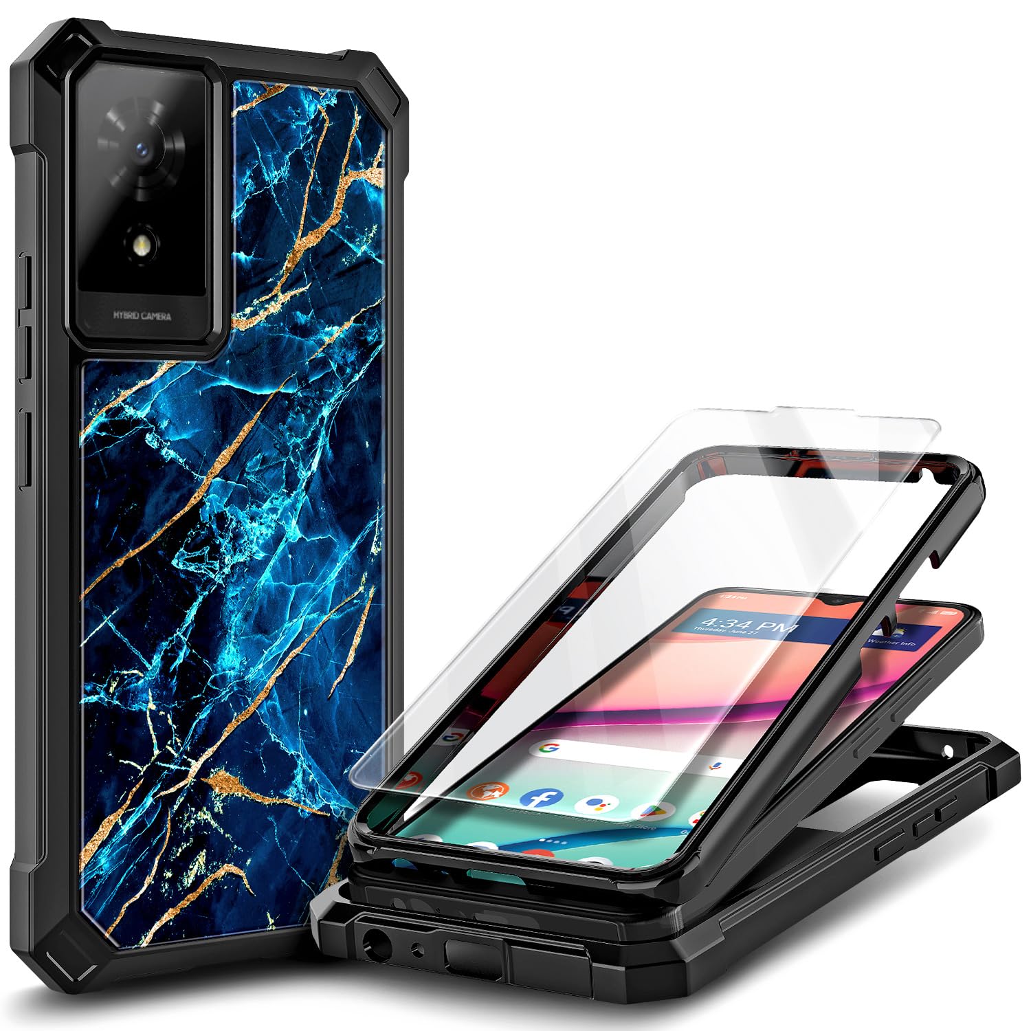 Compatible with TCL K24 & K23 & TCL 50 LE Phone Case Marble Sapphire | Full-Body Protective Shockproof Rugged Bumper Cover with Screen Protector, Raised Corners Drop Protection