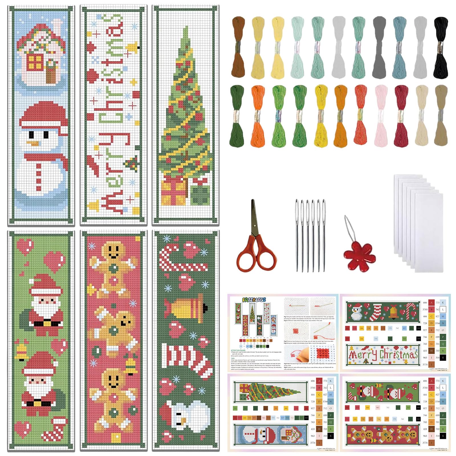 FREEBLOSS 6 Set Cross Stitch Bookmark Counted Cross Stitch Kit with 6 Different Christmas Patterns Embroidery Kit with Instruction DIY Bookmark Kit for Gift Adults 8''x2.4''