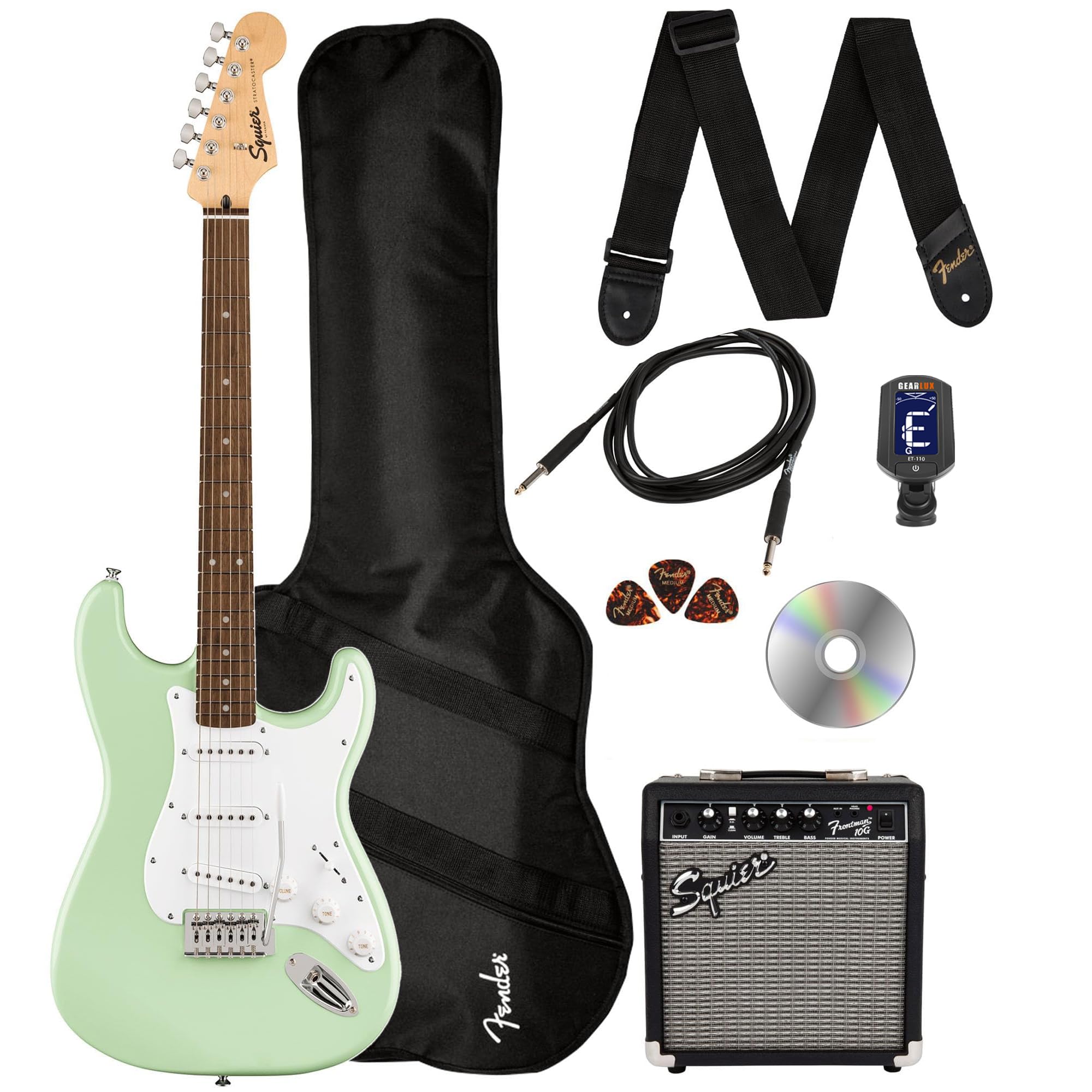 Squier Sonic Stratocaster - Surf Green Bundle with Frontman 10g Amp, Gig Bag, Cable, Strap, Tuner, Picks, and Austin Bazaar Guitar DVD