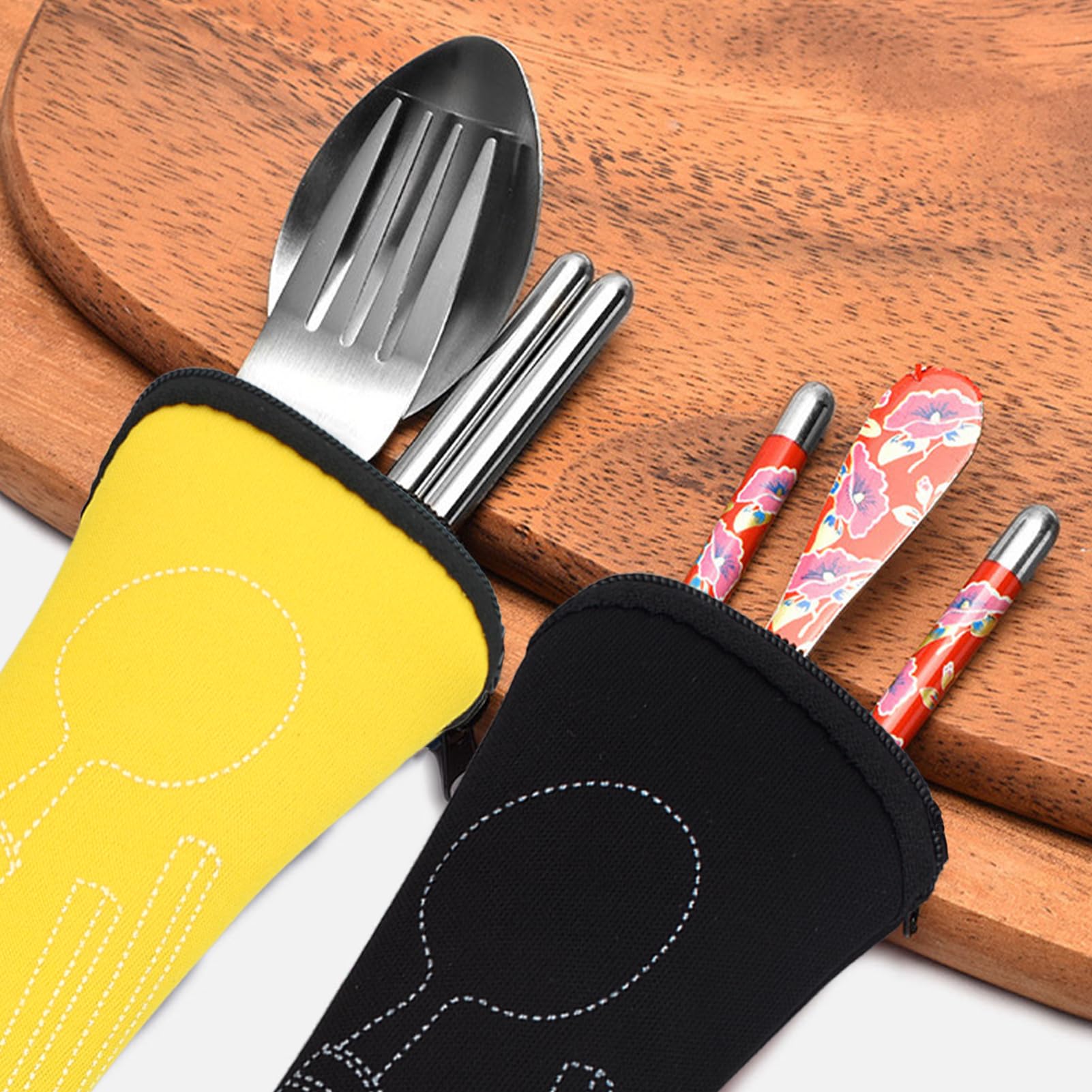 Borsa per Posate da Viaggio Portatile 20x6.5cm, Portaposate con Cerniera, Campeggio Picnic (Nero, Giallo)