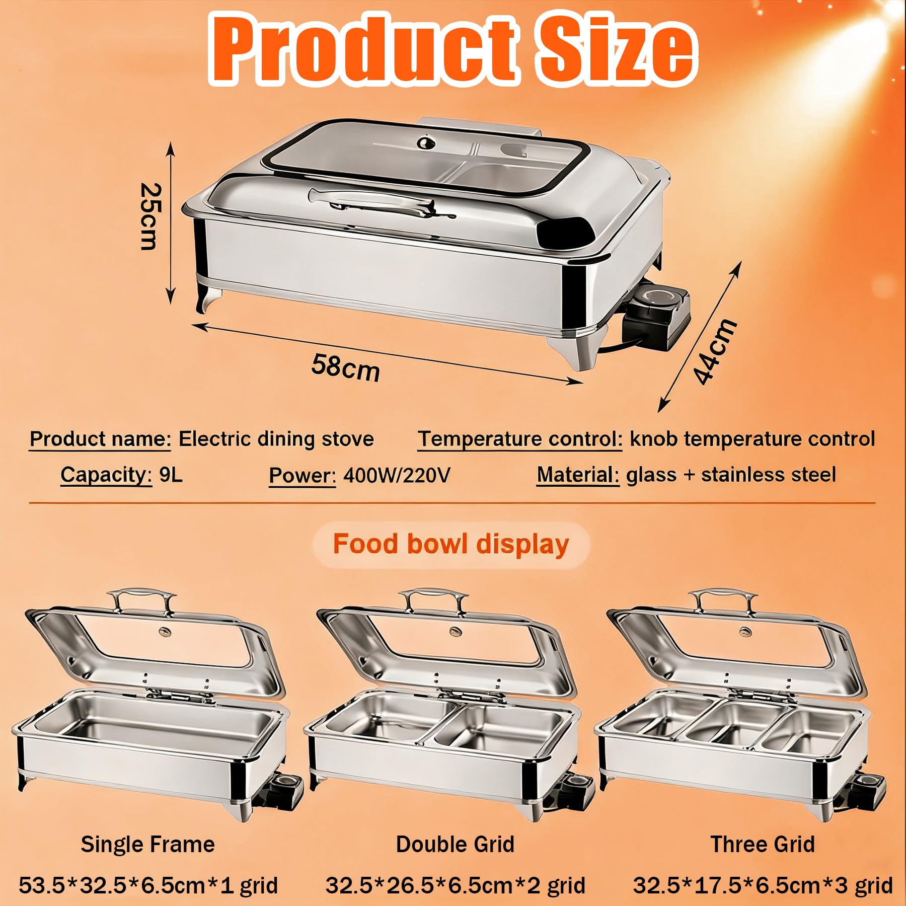 Chafing Dish Elettrico, 9L Scaldavivande Buffet Professionale Elettrico | Commerciale Contenitore Scalda Cibo con Copertura in Vetro per Buffet e Festa, Temperatura Regolabile 0-85℃