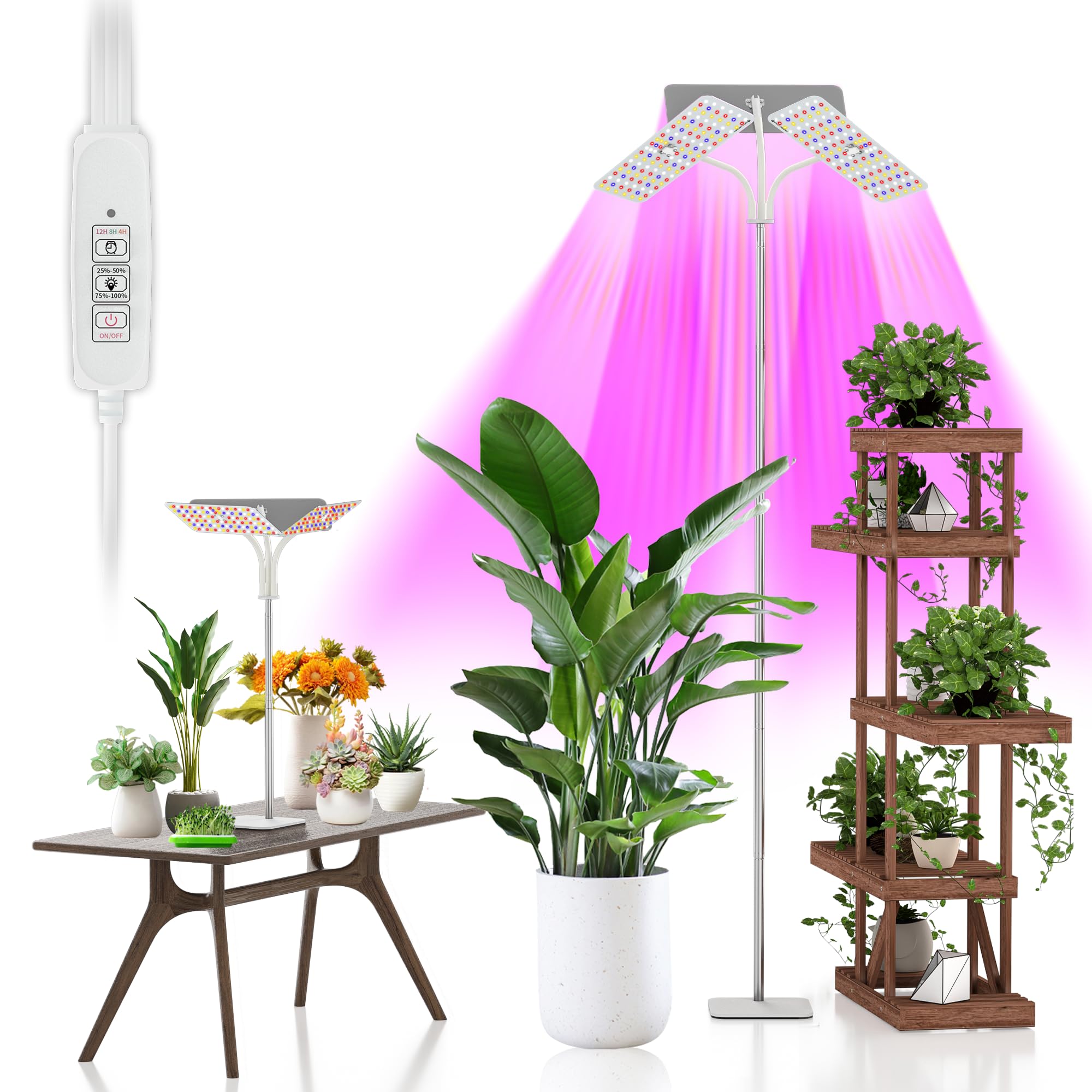 KINGPLUS Grow Lights with Stand, Three Heads, Full Spectrum LED Grow Light for Indoor Plants, 360 Leds, 4 Dimmable Levels, Timer 4/8/12h, 12-60inches