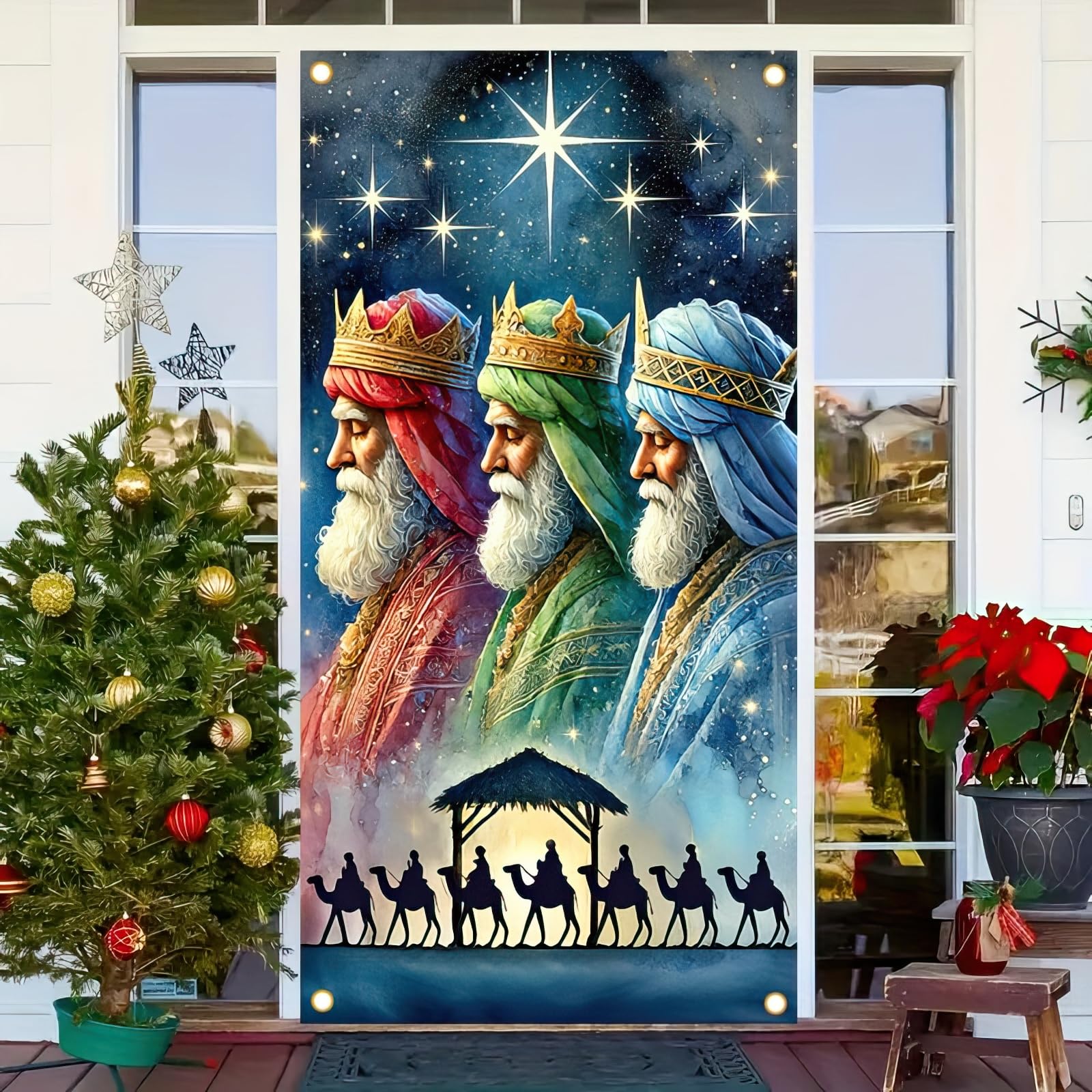 ​ BlissYard - Pancarta para puerta de tres reyes de 71 x 35 pulgadas, pancarta de Navidad con tres hombres sabios, estrella de Belén, telón de fondo religioso para colgar en festividades, fotografía,