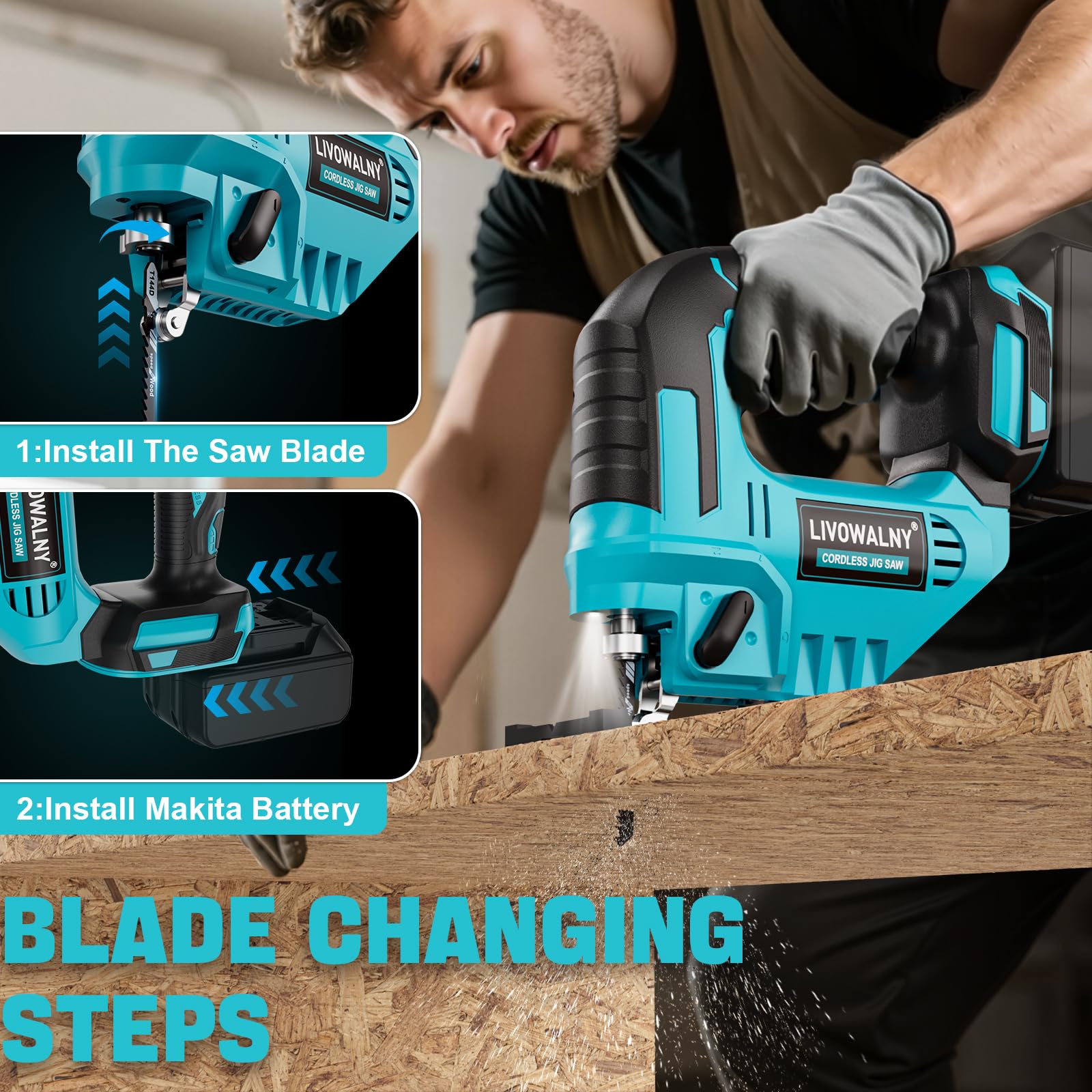 LIVOWALNY Seghetto Alternativo Senza Filo Compatibile con Batterie Makita 18V, Velocità Variabile, Taglio a Inclinazione 45°, con 6 Lame – Per Legno, Metallo e Plastica (Batteria Non Inclusa)