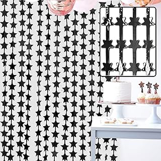 PartyWoo Black Star Foil Curtain Backdrop 2 pcs , 6.6x3.3 ft Black Streamers, Metallic Tinsel Fringe Curtains, Fringe Backdrop, Door Shimmer, Party Streamers Backdrop for Birthday Decorations
