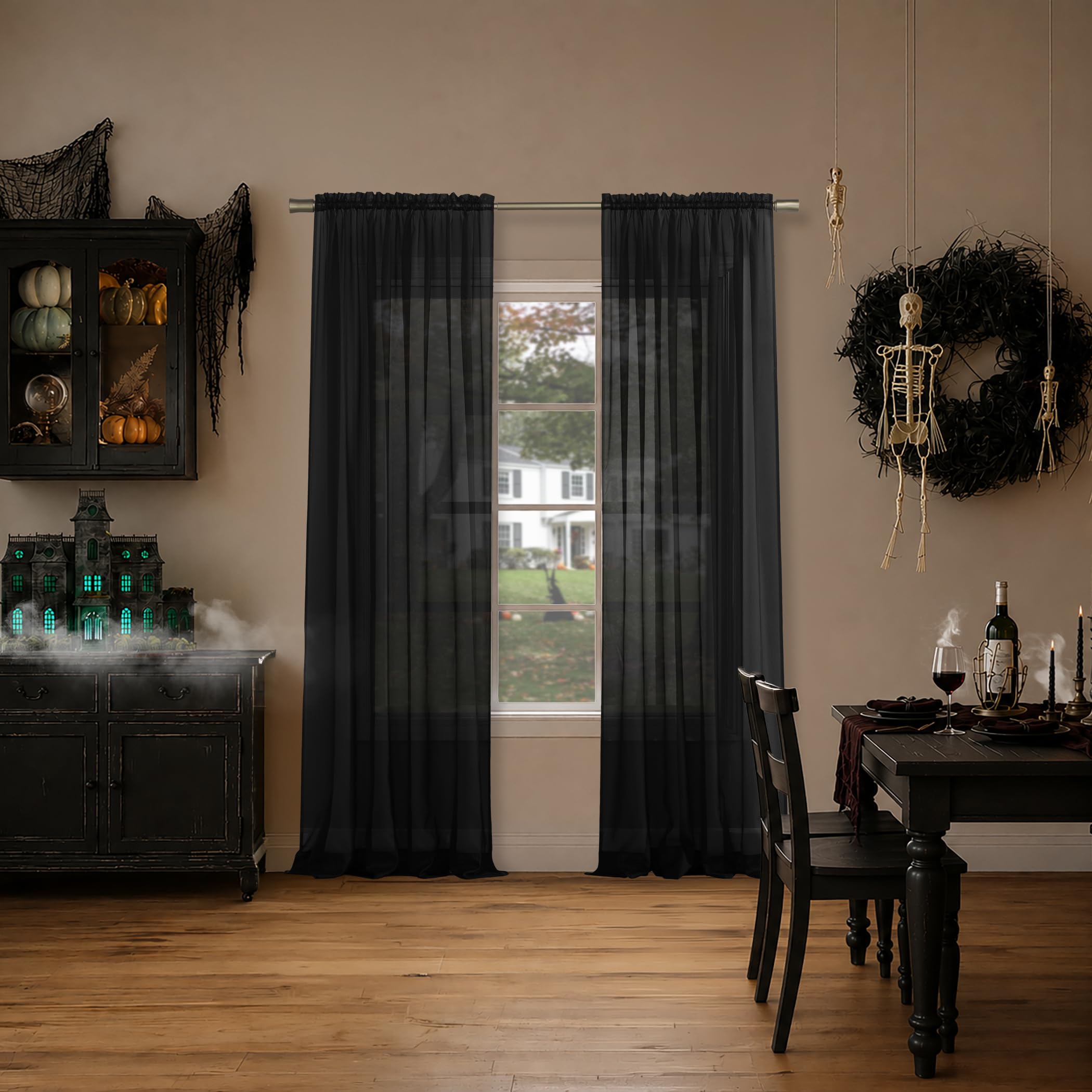 No. 918 Emily Sheer Voile Halloween Curtains Rod Pocket Curtain Panel, Black, 59" W x 95" L (1 Panel)