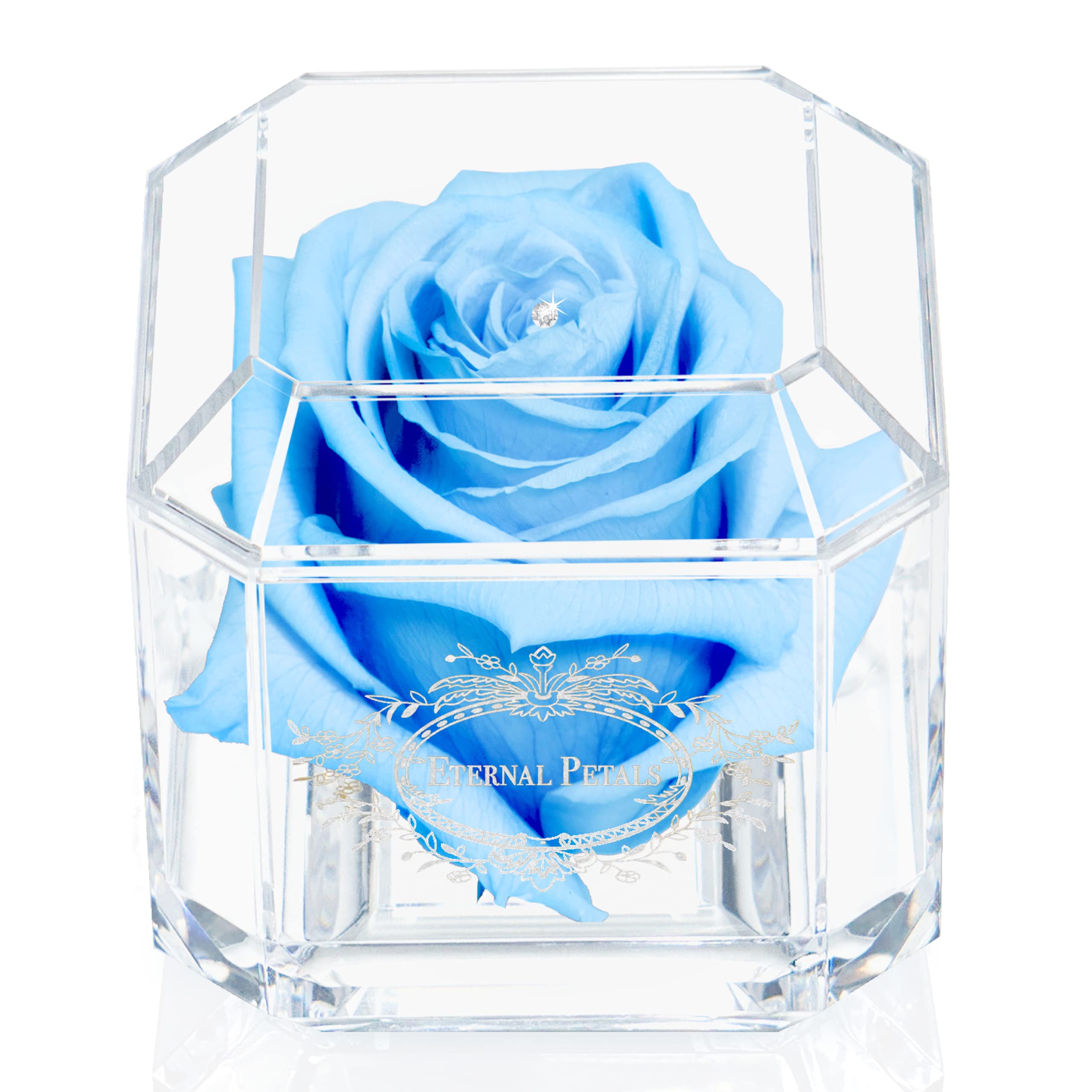 Eternal Petals A Real Rose That Lasts A Year - White Gold Solo with Swarovski Crystal (Baby Blue)
