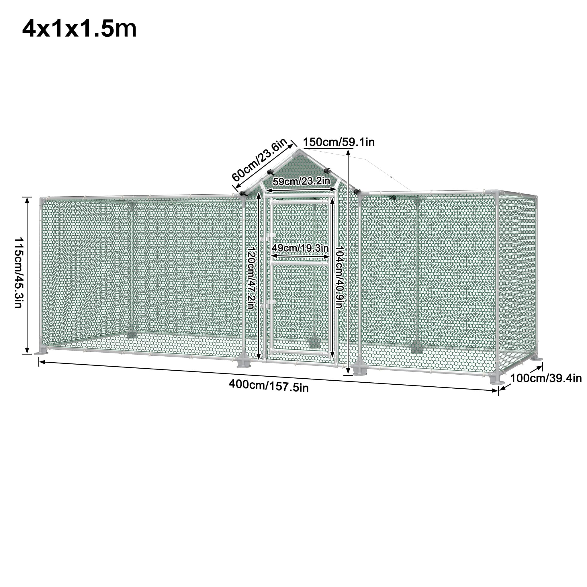 UISEBRT Gallinero para gallineros, 4 x 1 x 1,5 m, estructura de acero galvanizado, con cerradura para gallinas, animales pequeños