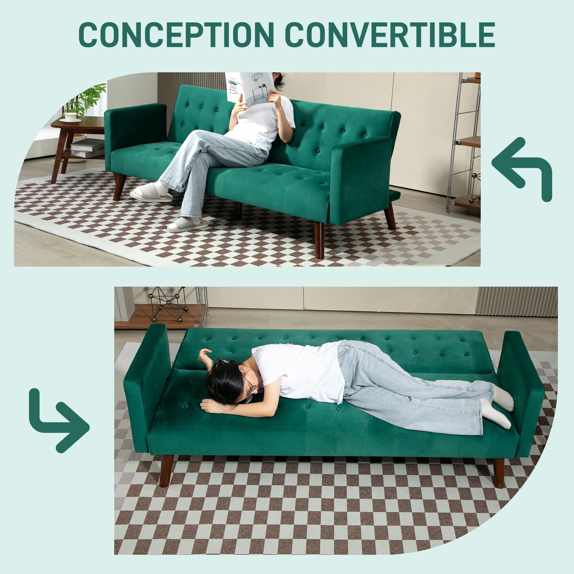 Canapé Convertible 3 Places HOMCOM - Cliquetant En Velours Capitonné, Dossier Inclinable 3 Positions - Transformable En Lit 183 Cm - Vert, Pieds En Bois
