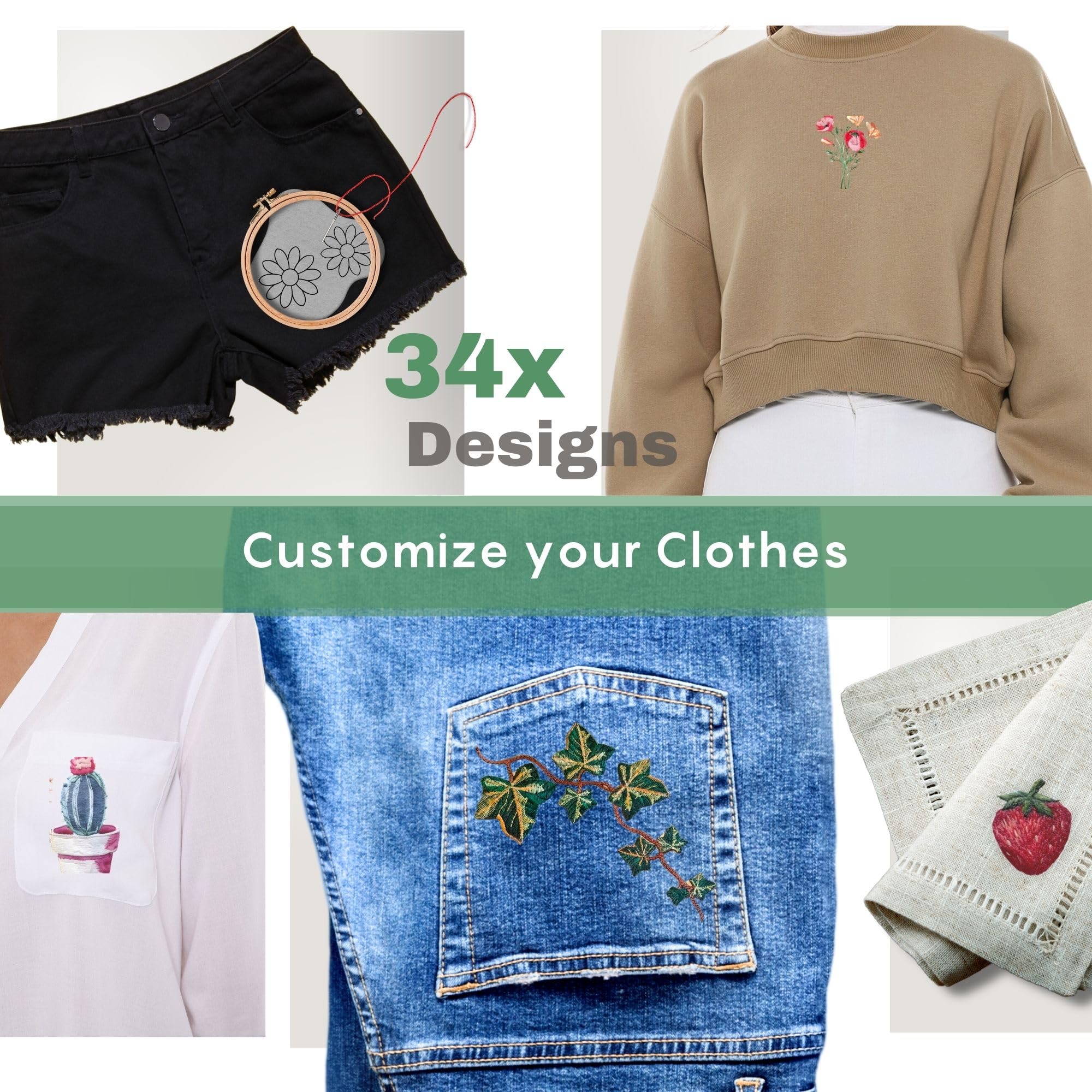 Easy Clothing Embroidery Kit - 34 Water Soluble Stick & Stitch Designs - Embroidery Kit for Clothes Starter Pack, Beginners All Inclusive Kit for Clothing Embroidery - Image 2