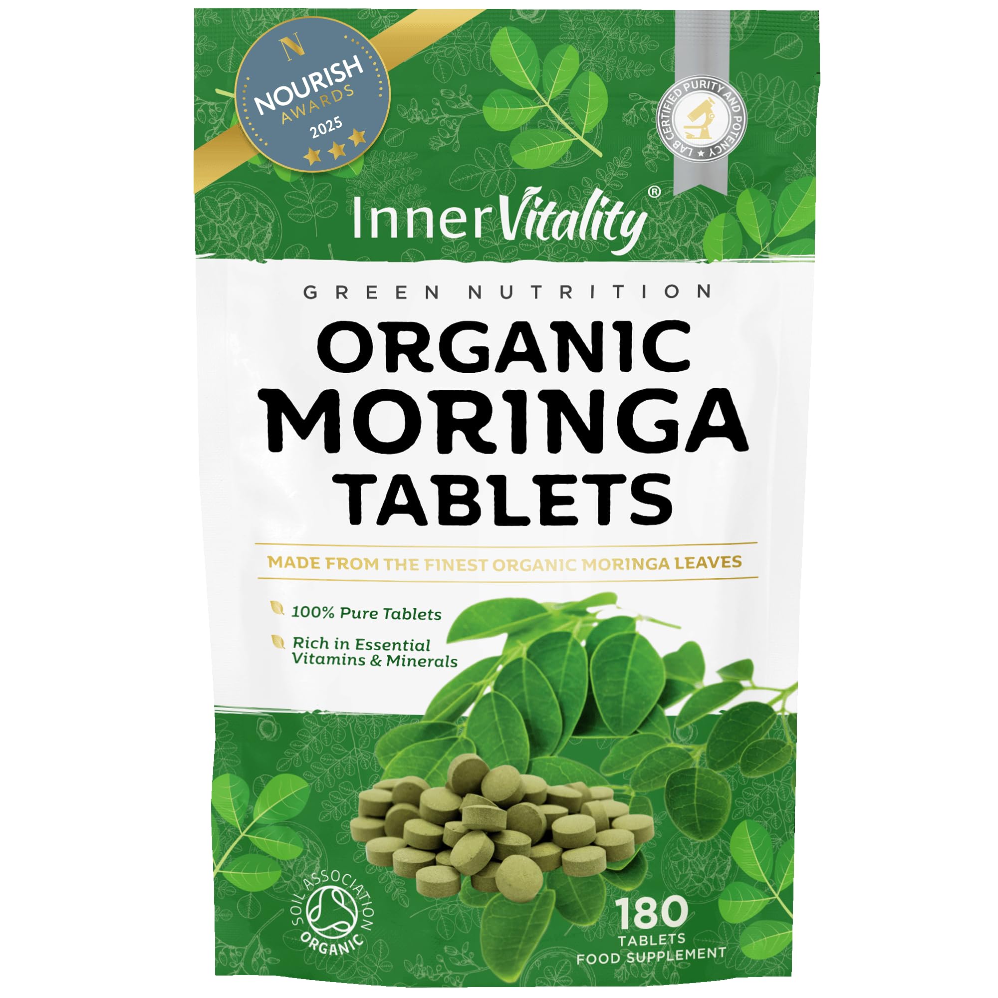 Pure Organic Moringa Tablets 180 Made with 100% Natural Moringa Leaf (No Cheap Extracts), Easier to Swallow Than Moringa Capsules & Powder, Rich in Essential Vitamins & Minerals by Inner Vitality