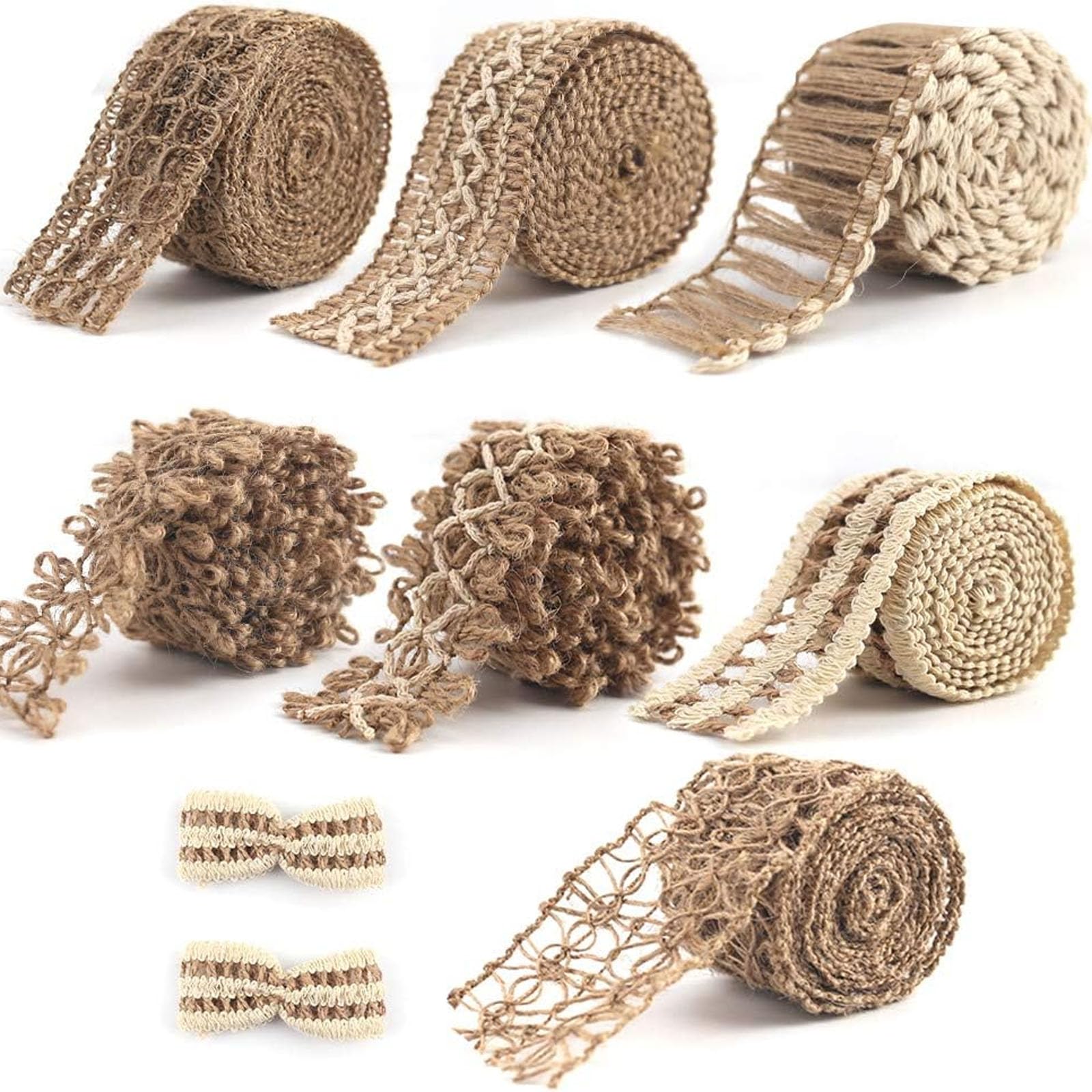 VGOODALL 7 Rollen Juteband mit Spitze, Vintage Spitzenband Set für Hochzeit Deko, Naturband für Geschenkverpackung DIY Basteln, Boho Dekoband 2m pro Rolle