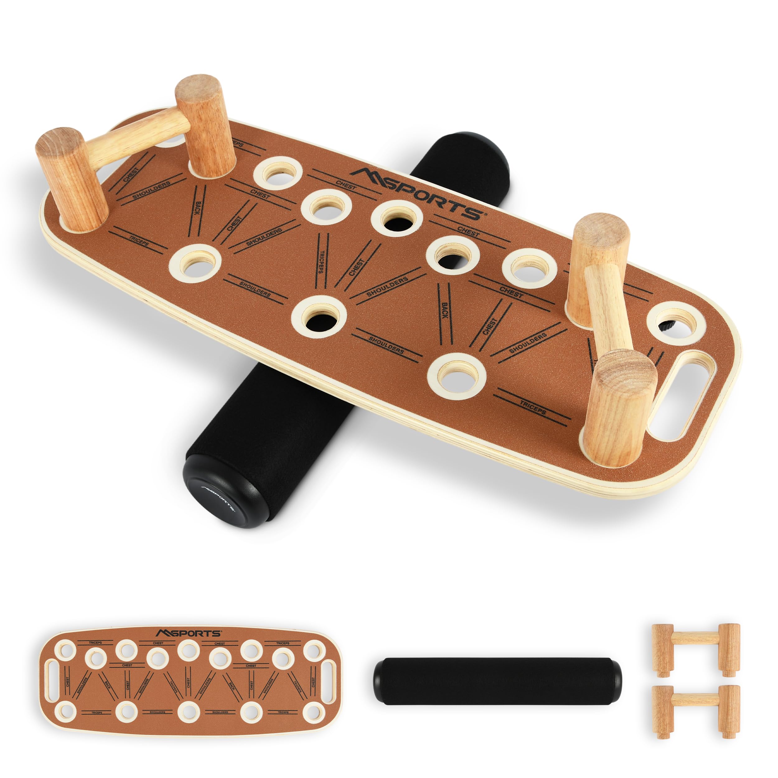 MSPORTS Push-Up Board Holz Premium mit Rolle – Multifunktionales Liegestützbrett für Core, Balance & Krafttraining – 15 Griffpositionen, massive Griffe, Anti-Rutsch, Home Gym Fitnessgerät