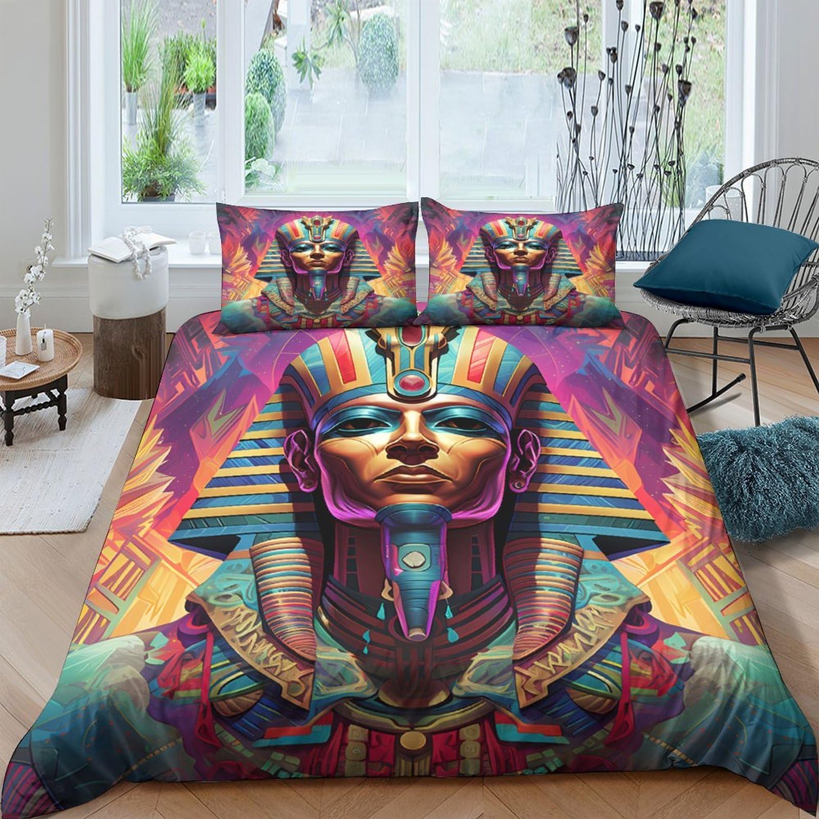 Ctjqhvkz Style-3 3D Printed Egyptian Pharaoh Fitted Sheet Microfiber Colourful Artistic Bed Cover For Bedroom Dorm Room Decor Single（135X200cm）