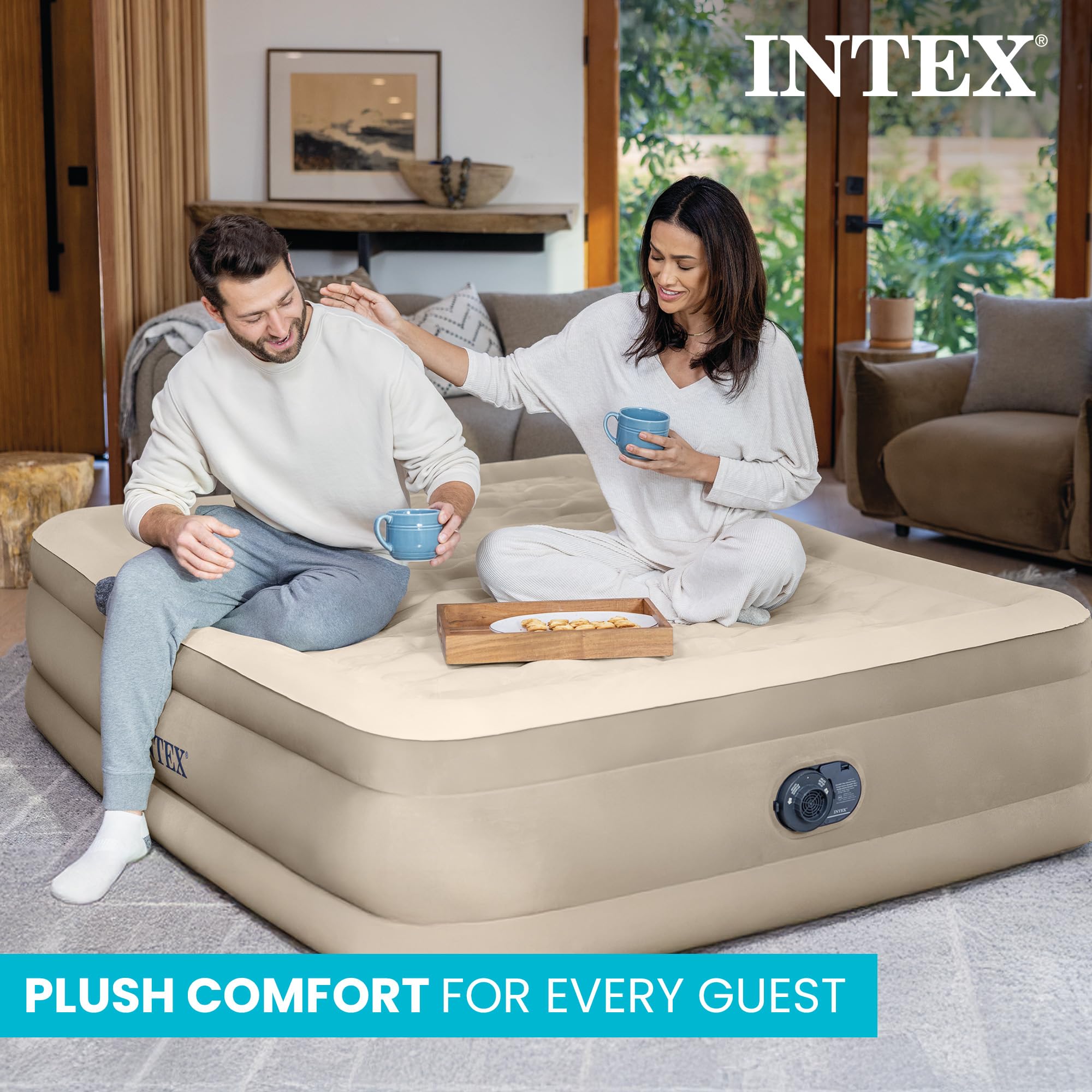 Intex Ultra Plush Hard Beam-matras met Fiber-tech Q-technologie met geïntegreerde elektrische pomp, PVC Modern 100 x 190 cm beige
