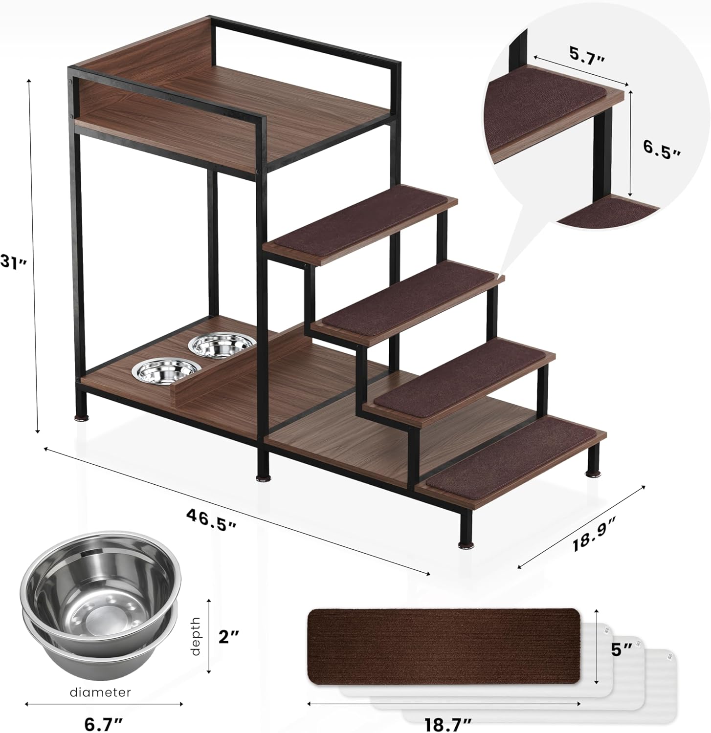 Dog Window Perch with Stairs - Multilevel Perch to Look Out Window with 130 lbs Load Capacity - Pet Bunk Bed with Feeding Station & Anti-Slip Carpet (Walnut Color)