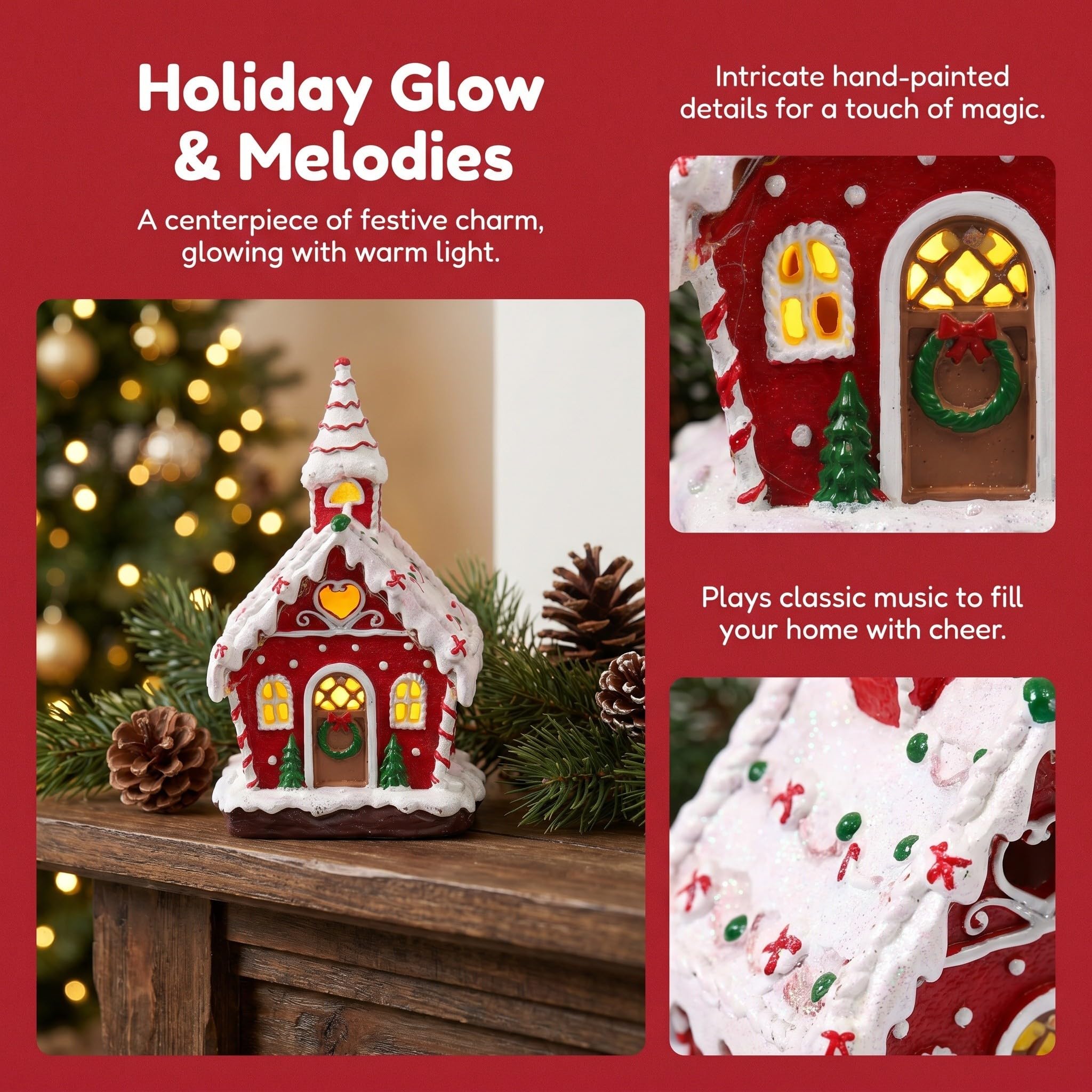 Decorazione Natalizia Casa Piccola in Resina Colorata con Luci e Musica per Interni Flessibile da Posizionare per Feste di Natale