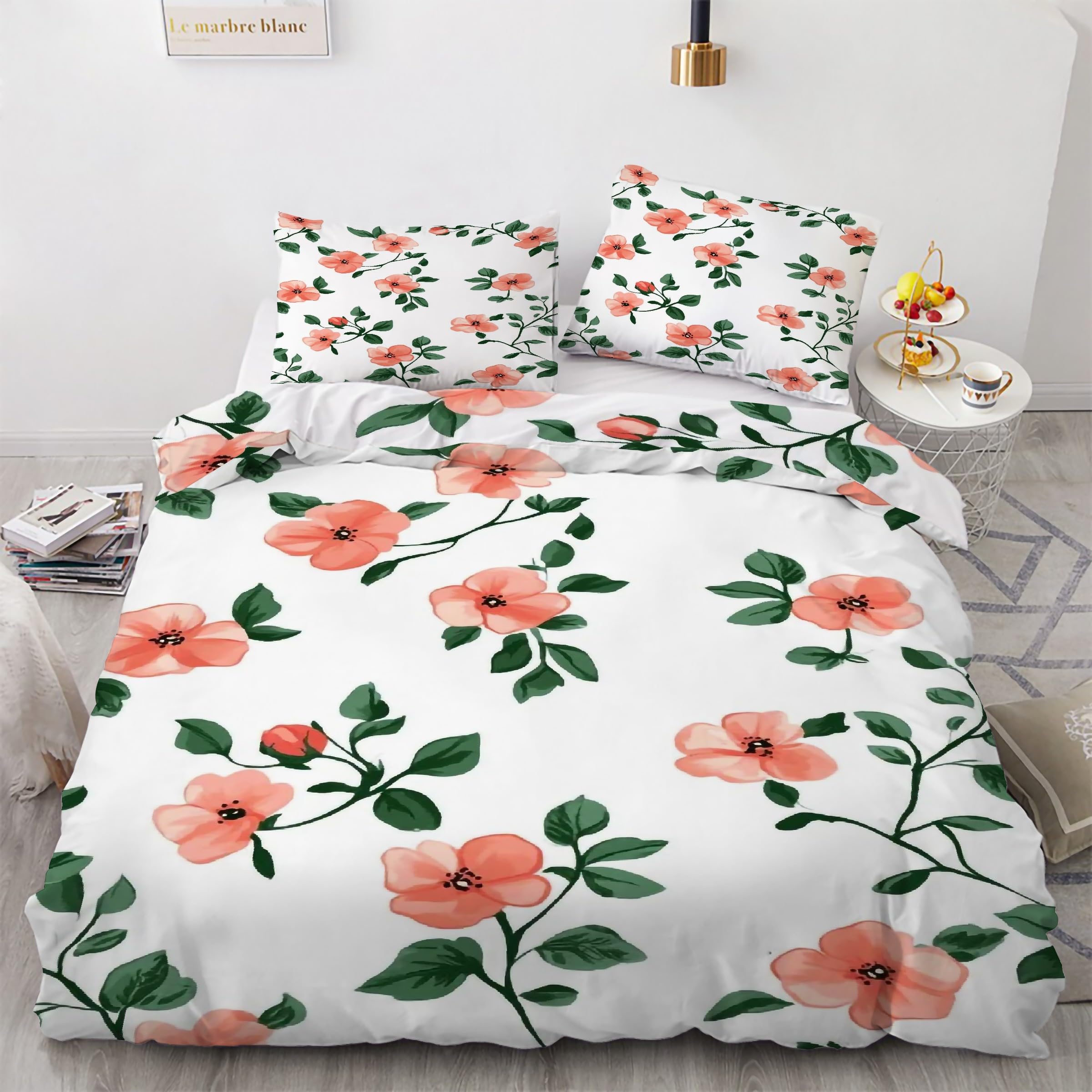 Housse de couette 220x240 fleurs avec 2 taies d'oreiller lit simple en microfibre