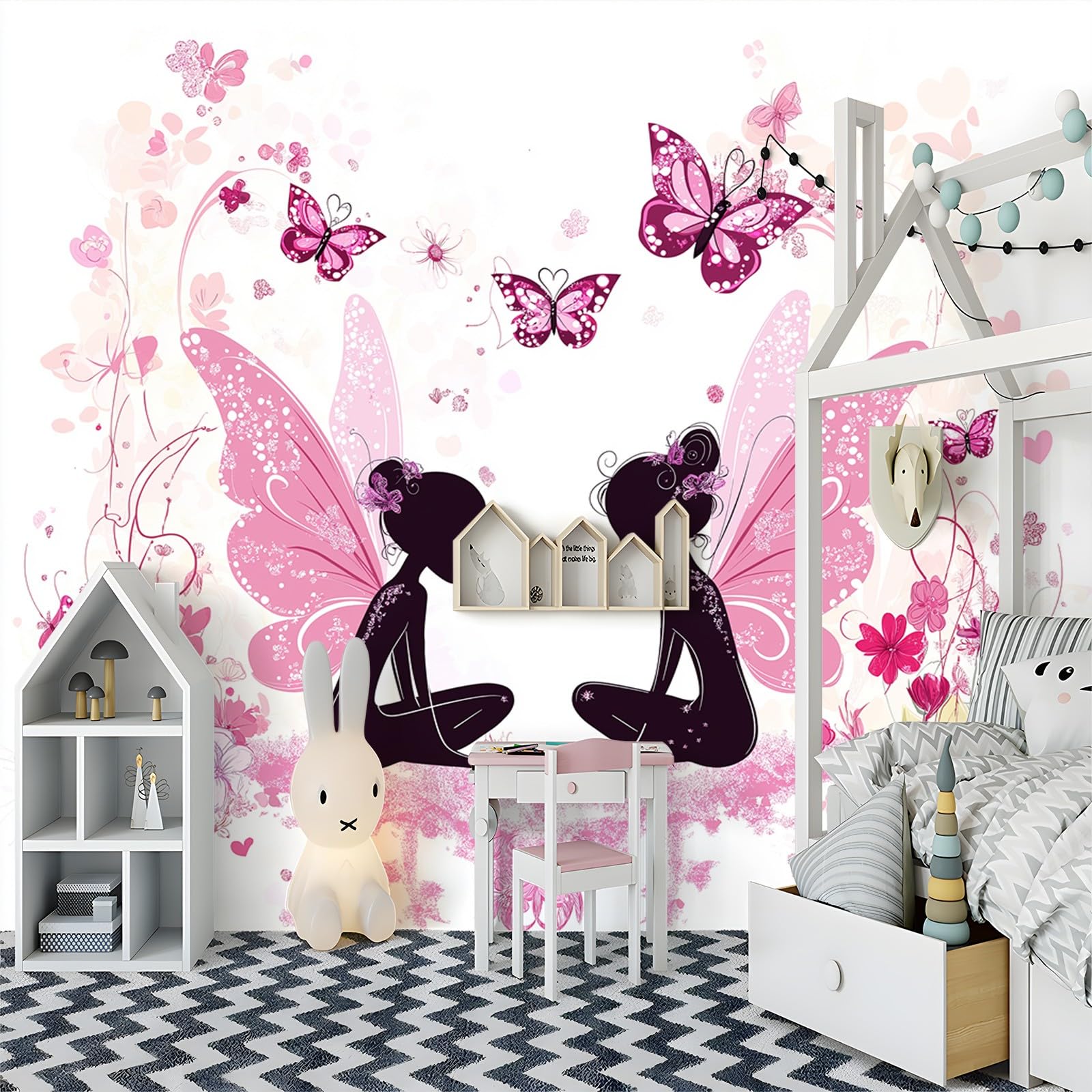 Générique Papier Peint intissé Fille Papillon Rose Dessin Animé 350x256 cm Papier Peint Photo Panoramique, Poster Geant Mural Personnalisé 3D, pour Salon Cuisines Chambre Adulte Enfant Décor Murale
