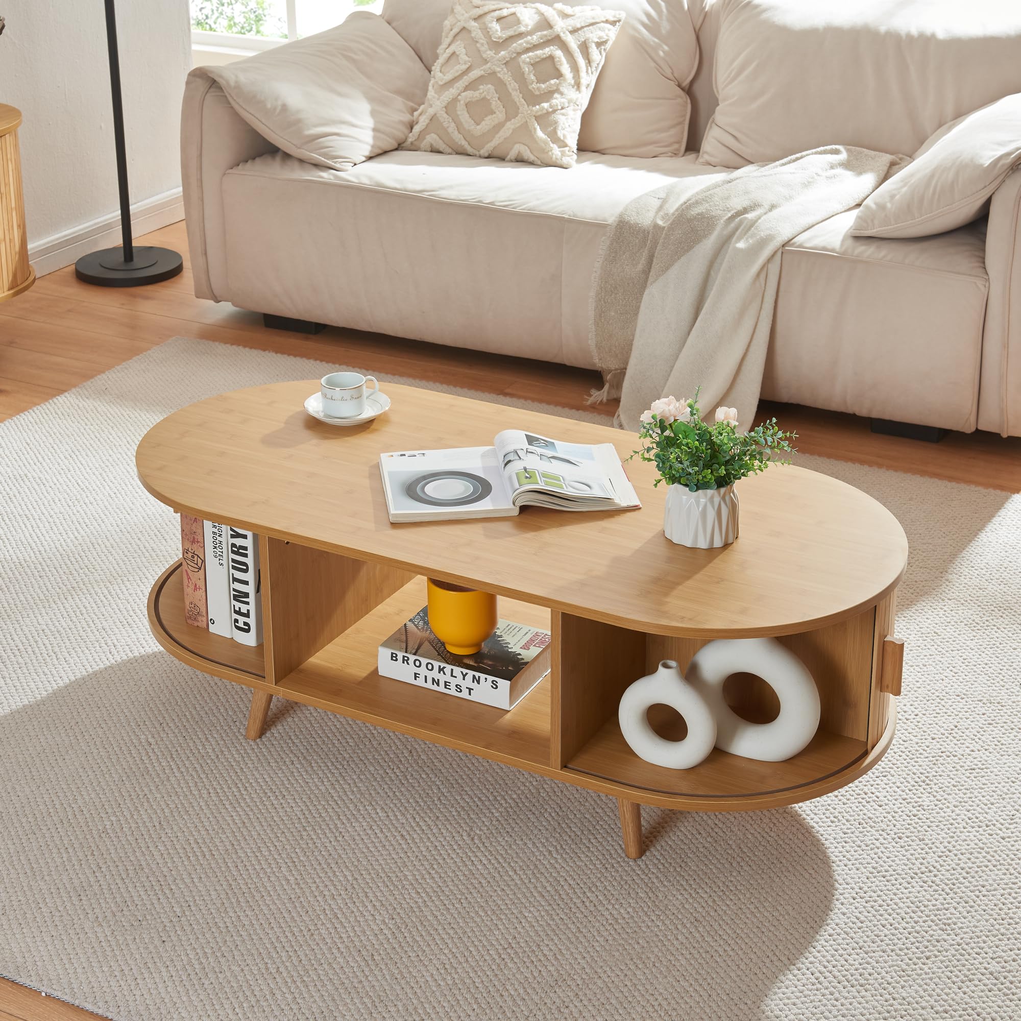 [en.casa] Tavolino da Salotto Tavolino da Caffè con Piano Ovale Scomparti e Ante Scorrevoli Tavolino Basso Tavolino Centrale per Soggiorno 120 x 55 x 40 cm Naturale