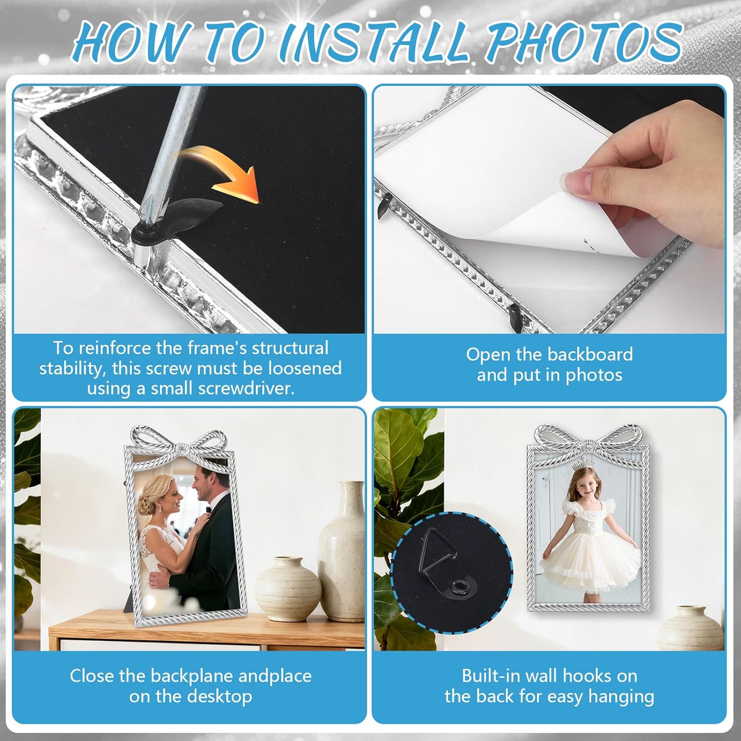 Bow Silver Picture Frames 5x7,Vintage Rope Design Metal Picture Frame Cute Bow Photo Frames For Tabletop And Wall Hanging(Silver, 5X7)
