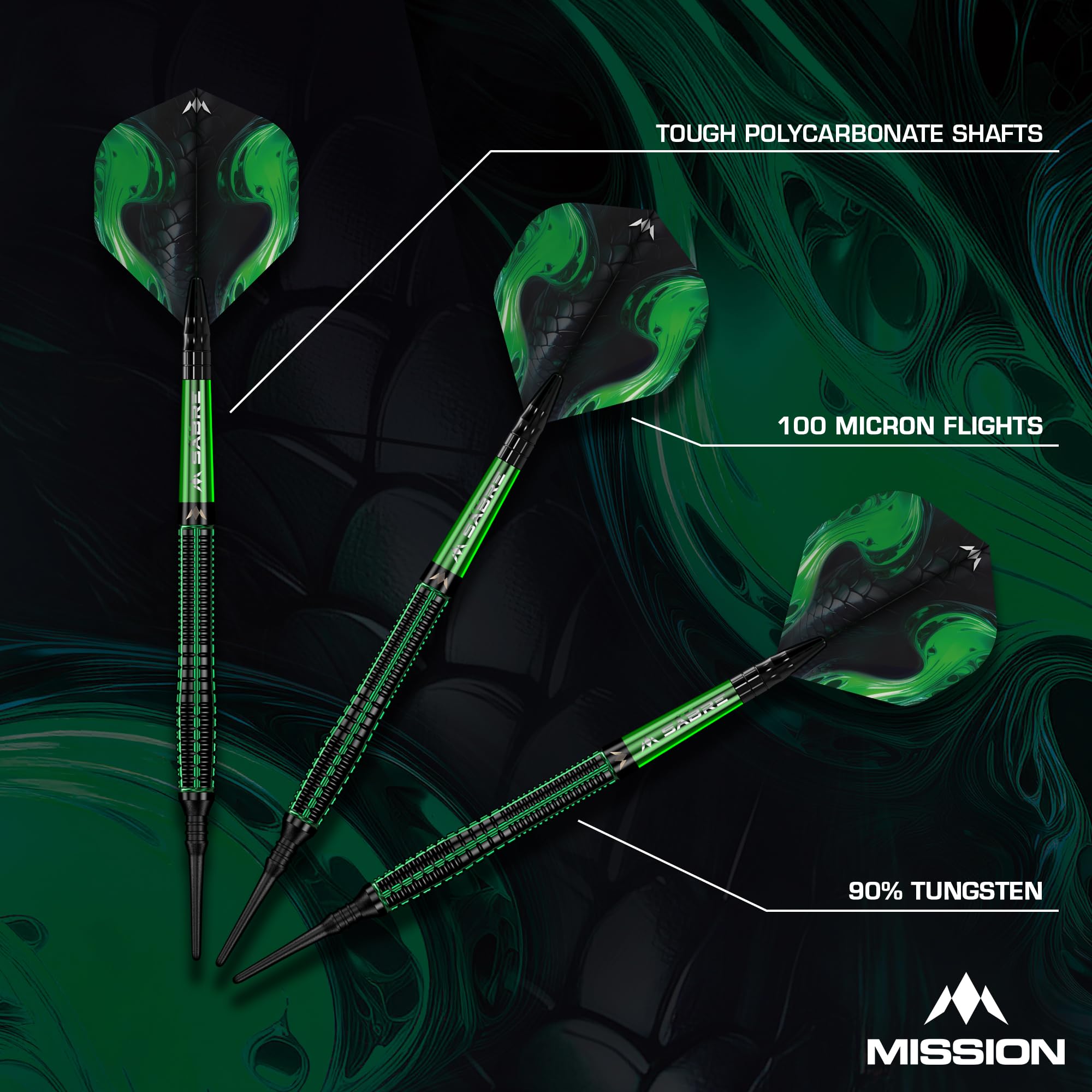 Mission Darts | Freccette Venom | Nero & Verde | Electro Plate | Set freccette punta morbida | 90% tungsteno | 20 g.