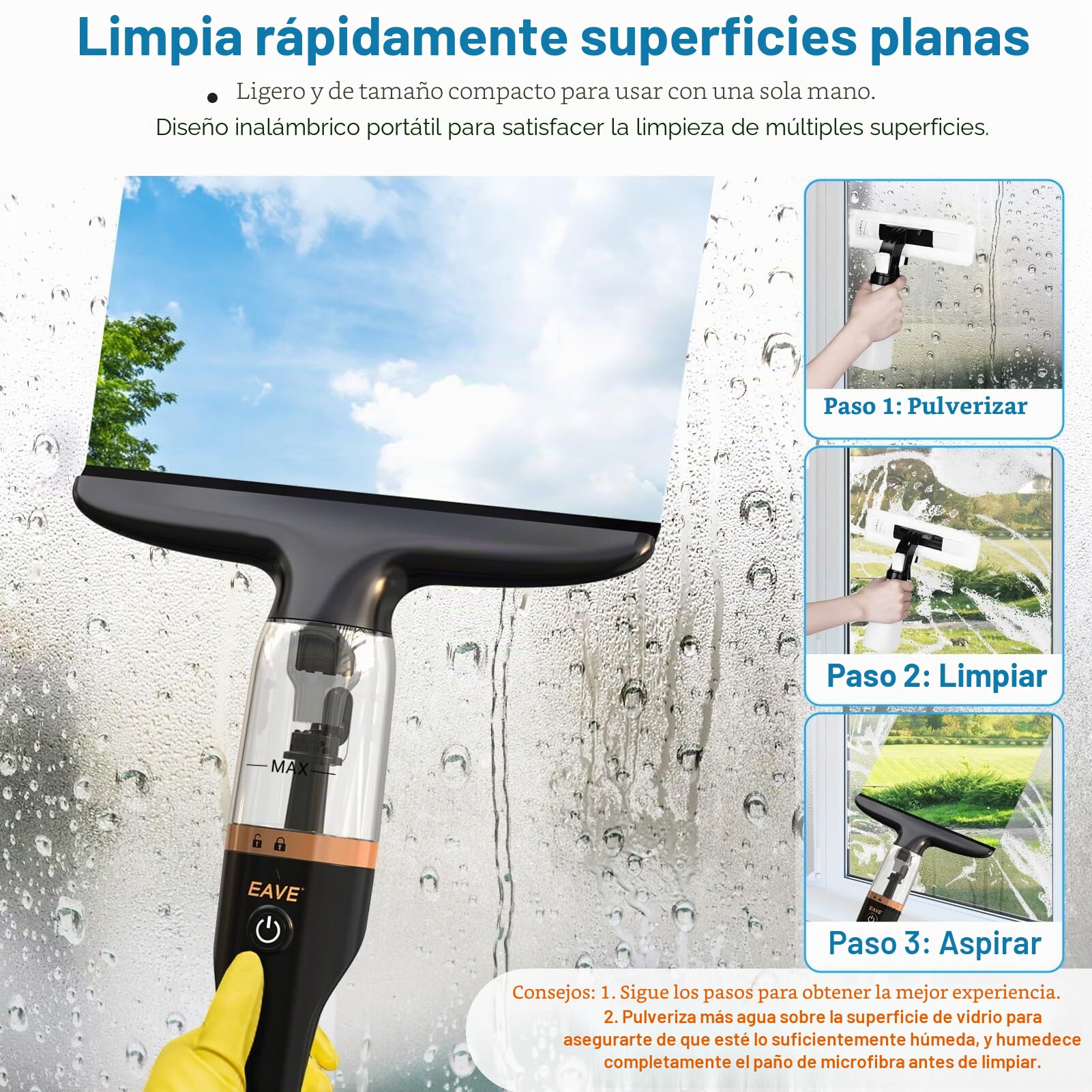 limpiacristales electrico Limpiador de Ventanas Aspirador recargable kit, Limpiador de ventanas con depósito de agua de 60 ml y botella rociadora