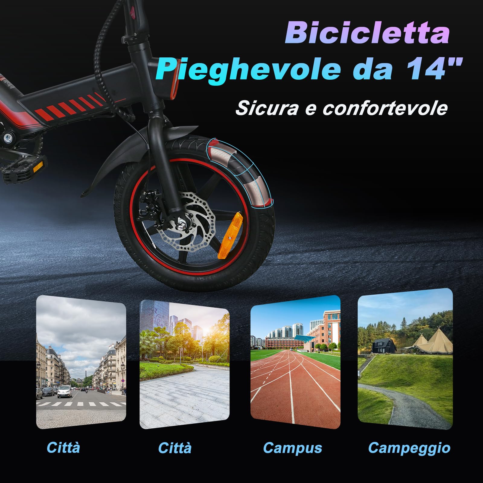 14“ Bicicleta eléctrica Plegable, 250W E Bike con Asistencia de Pedal, batería de 10,4Ah/36V, para Adolescentes y Adultos Bicicleta eléctrica de Ciudad, 3 Modos