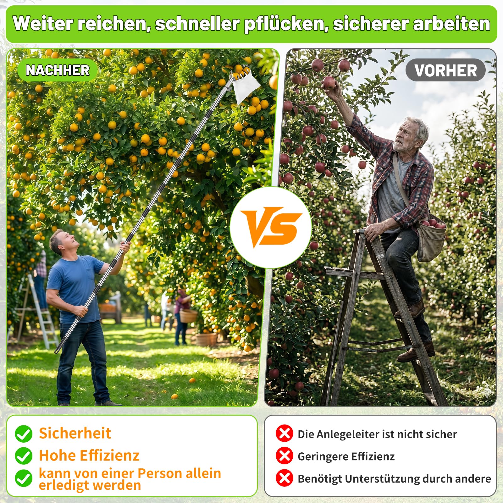 4M Teleskop Obstpflücker - Verstellbarer Apfelpflücker für Kirschen 360° Drehung Kirschenpflücker mit Teleskopstiel Leicht Robust für Hohe Äste mit Aufbewahrungstasche Werkzeug Diameter 16cm