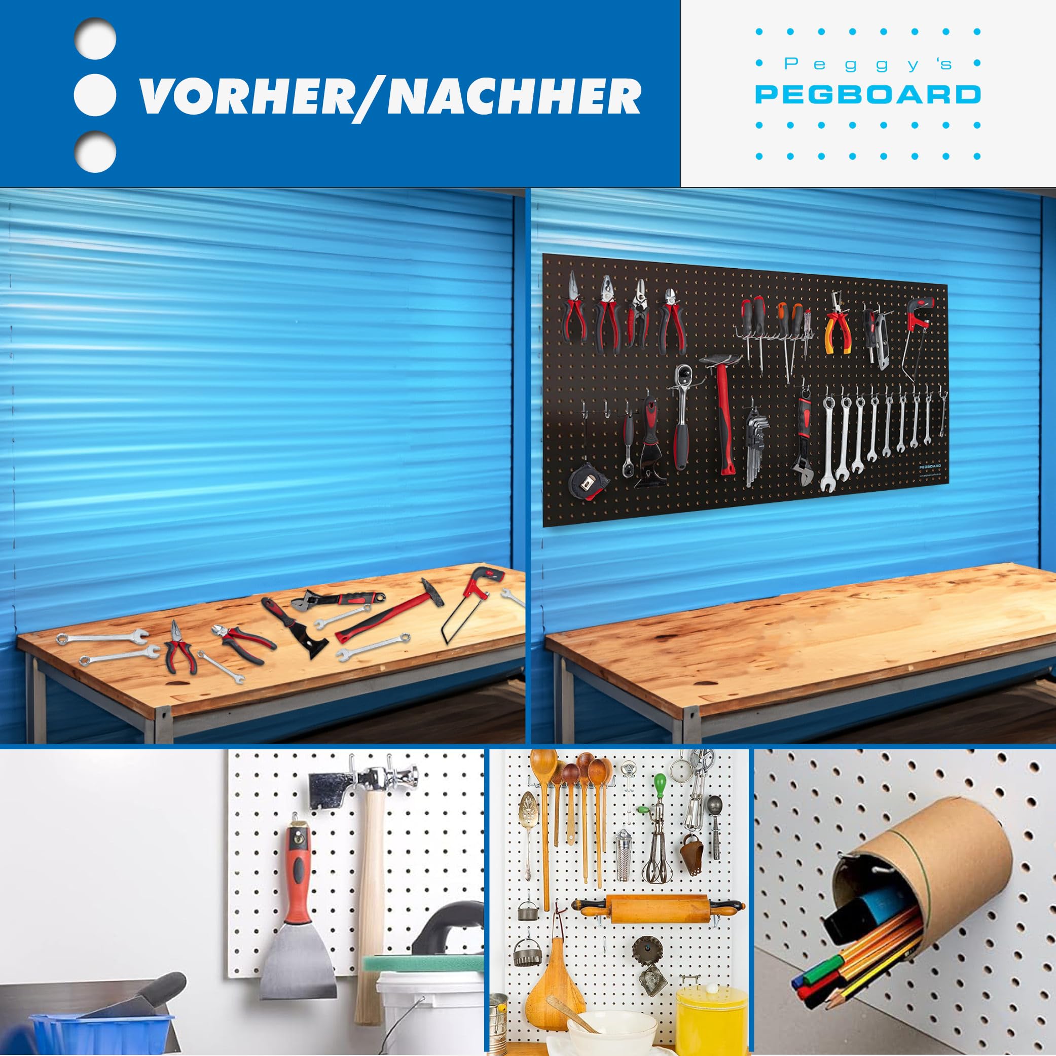 Pegboard 4 St. Werkzeugwand aus Holz (MDF) 120 x 60 x 0,5 cm - Lochung Ø7 mm Lochabstand 25,4 mm - schwarz lackiert - Made in Germany