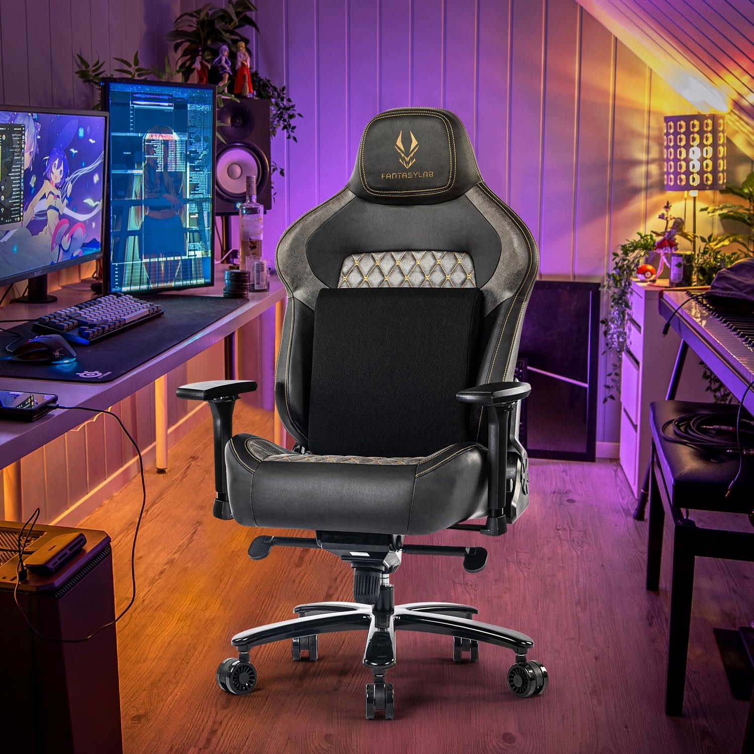 Fantasylab Gaming Stuhl 200KG Belastbarkeit Bürostuhl 200KG Verstellbare Armlehne 4D Gamer Stuhl mit Lendenwirbelstütze Chefsessel Ergonomischer Schreibtischstuhl Schwarz/Grau