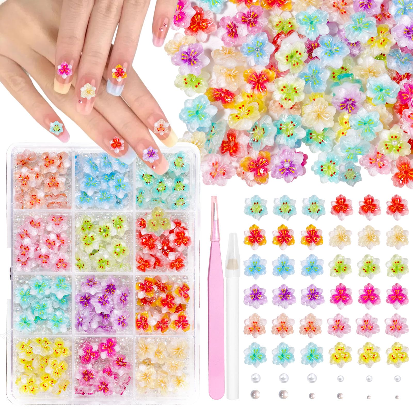 Color Flowers Nail Charms, 3D Egg Sun Flower Nail Art Charms, Color Tropical Flower Blossom Designs Charms for Acrylic Nails Art DIY Design Supplies S2
