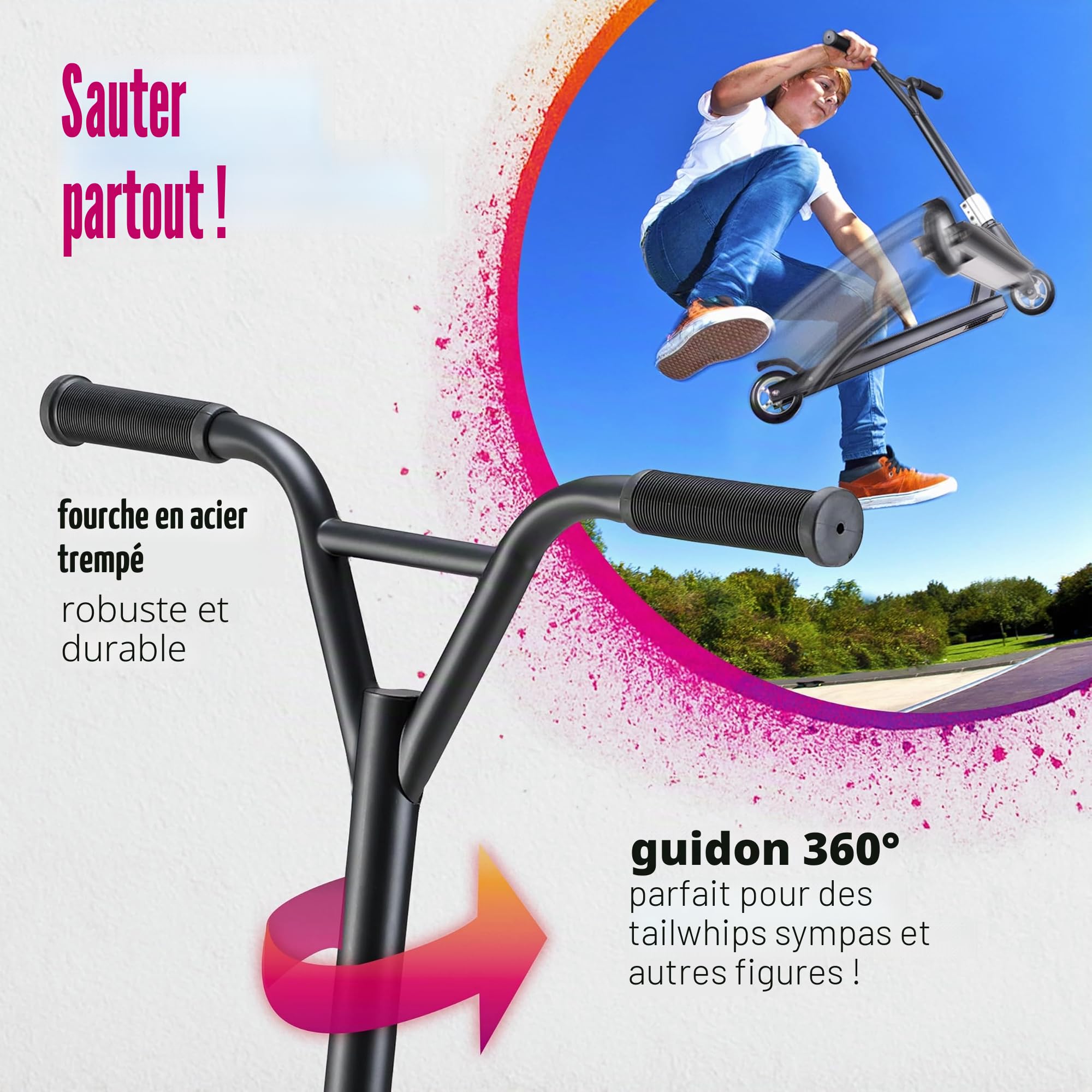 Trottinette 100mm Roues PU Guidon 360° ABEC 7 Trottinette StuntTrottinette Kickscooter Bande adhésive Enfants Adultes Châssis en Aluminium
