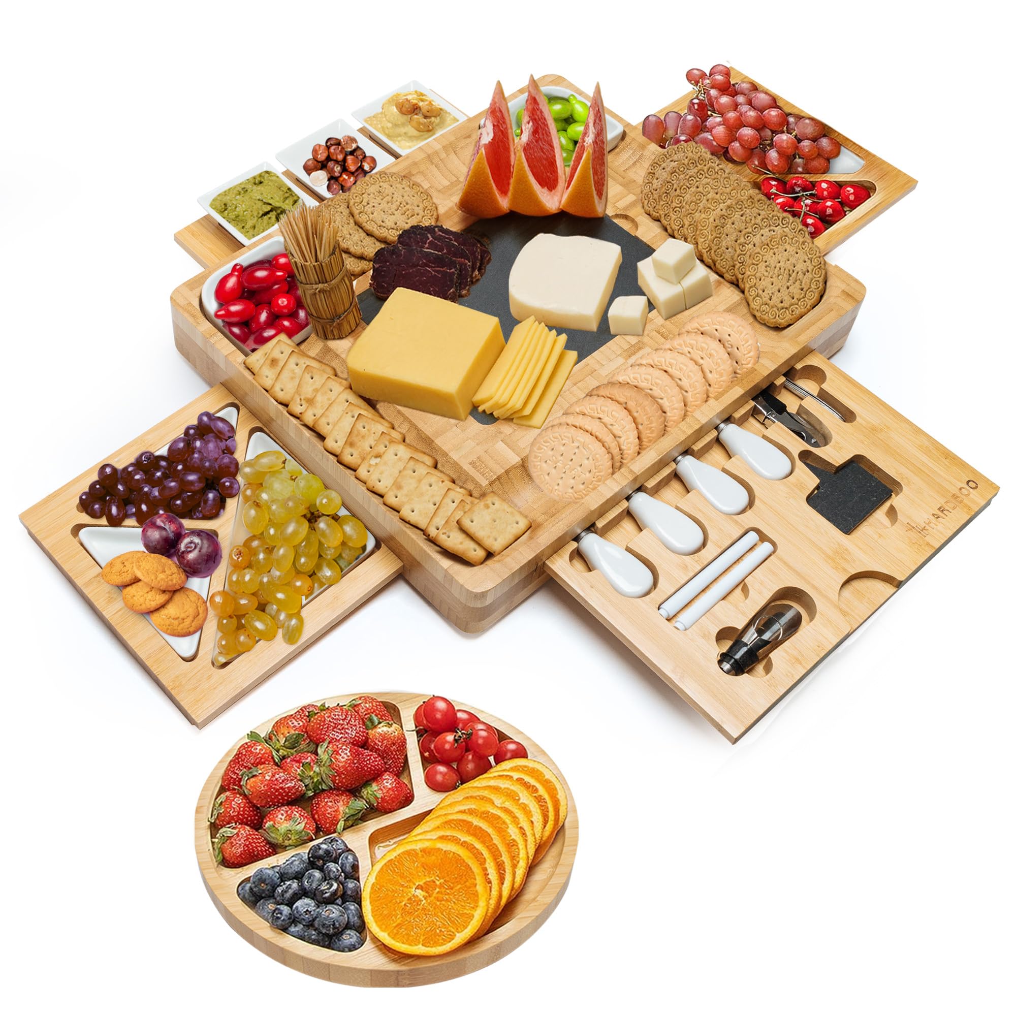 Set di 26 taglieri per salumi in bambù, 40,6 x 33 x 5,1 cm, con 4 cassetti, vassoio per frutta, ciotole in ceramica, utensili da taglio, apribottiglie per vino, accessori per piatti da formaggio