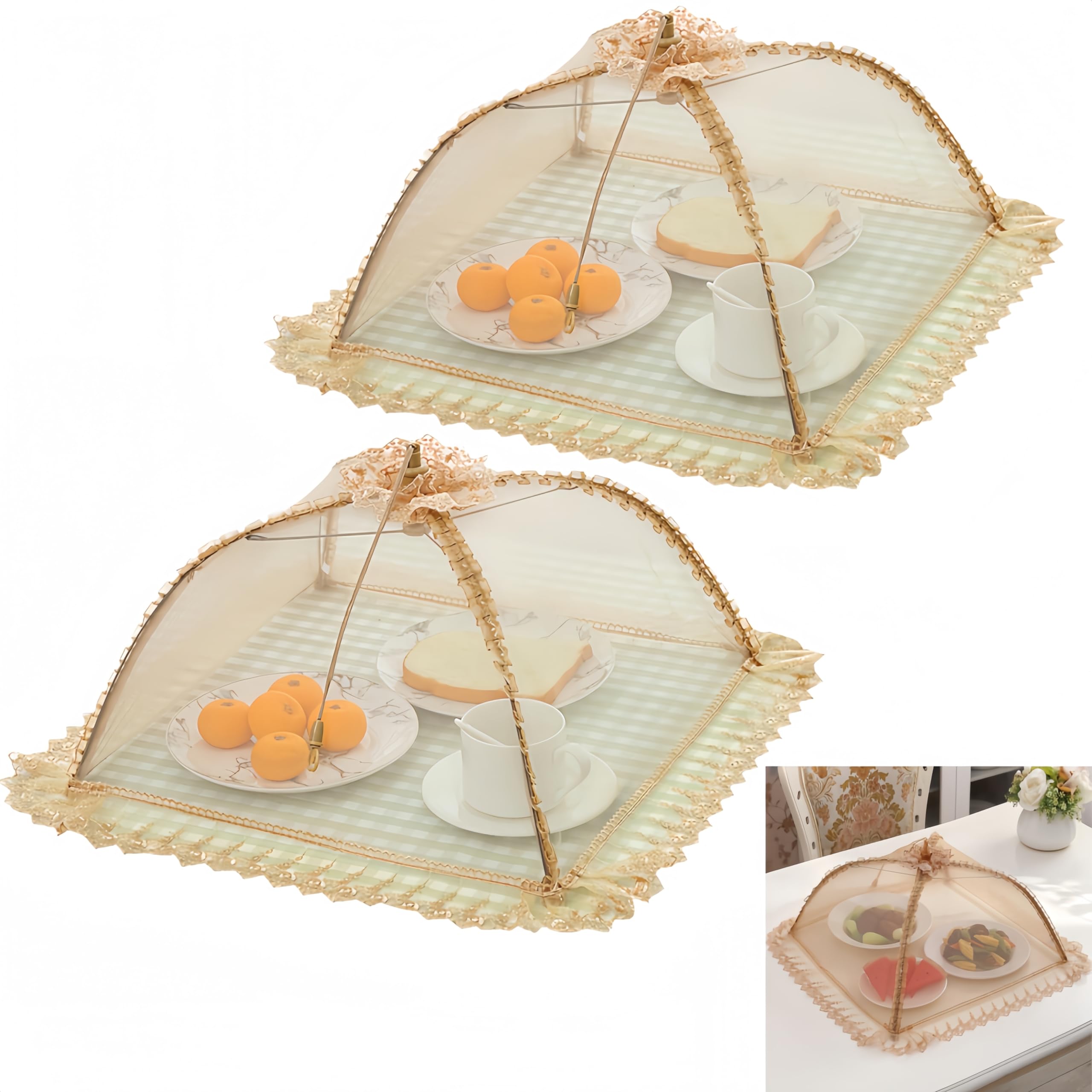 2PCS Premium Pop Up Mesh Food Cover Collapsible Food Fly Net Cover Protector for Outdoors Kitchen Garden Parties BBQ Keep from Flies Bugs 42X42CM