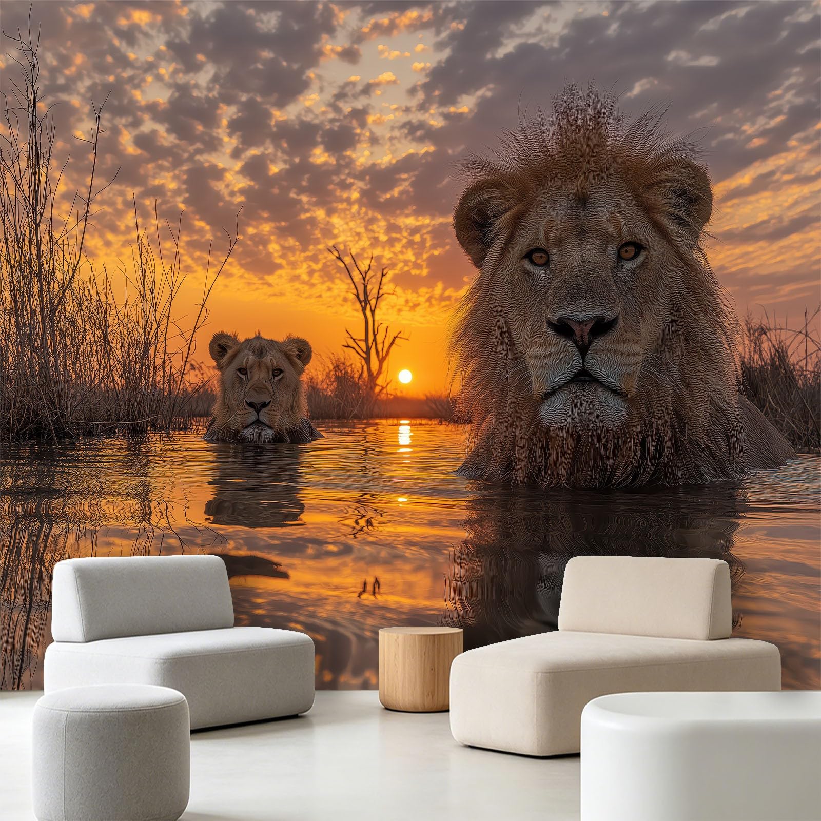 Carta da parati fotografica in tessuto non tessuto, motivo: leone al tramonto, 350 x 256 cm (larghezza x altezza), per cucina, sala da pranzo, ufficio, carta da parati, decorazione artistica