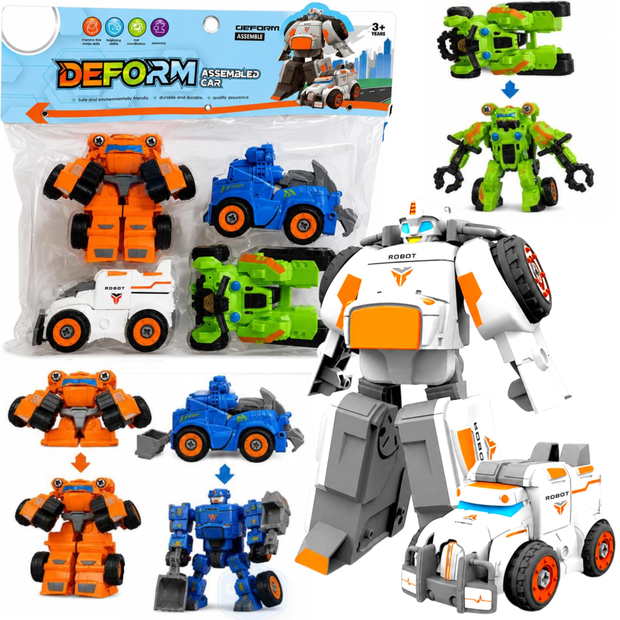 SHAKTISM 4-in-1 Transforming Robot Car Toys Set | Deform Assembly Construction Vehicle Toys | Push & Transform Mini Cars to Robots | Educational Toy Gift for Boys & Girls Age 3+-image-12