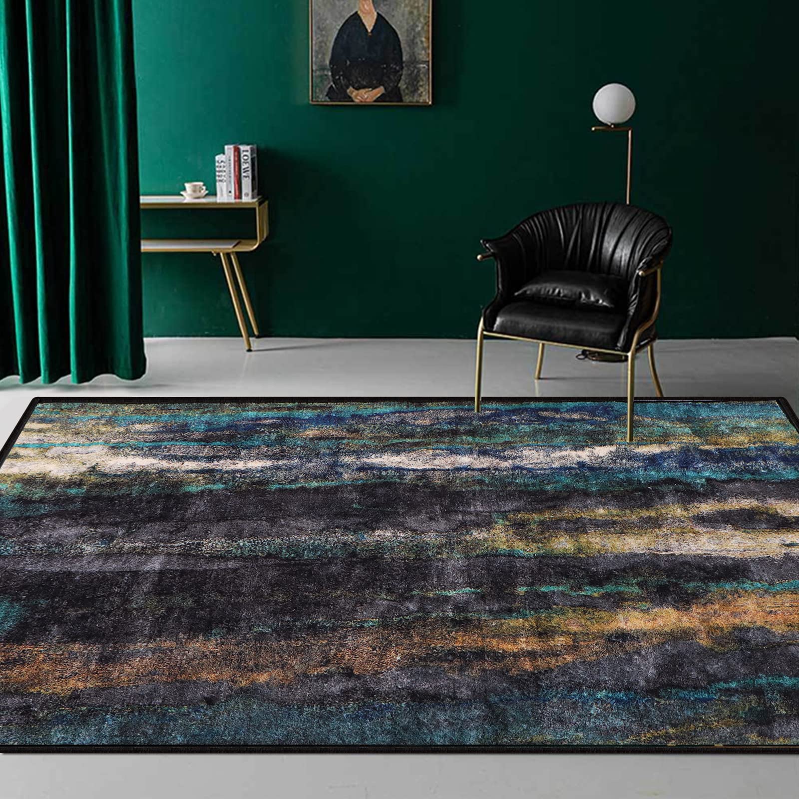 Pmnadfdag Ovale vloerkleden voor de woonkamer, groot tapijt van 160 x 230 cm, antislip zacht laagpolig tapijt, voor kamer, eetkamer, modern geometrisch patchwork, zwart