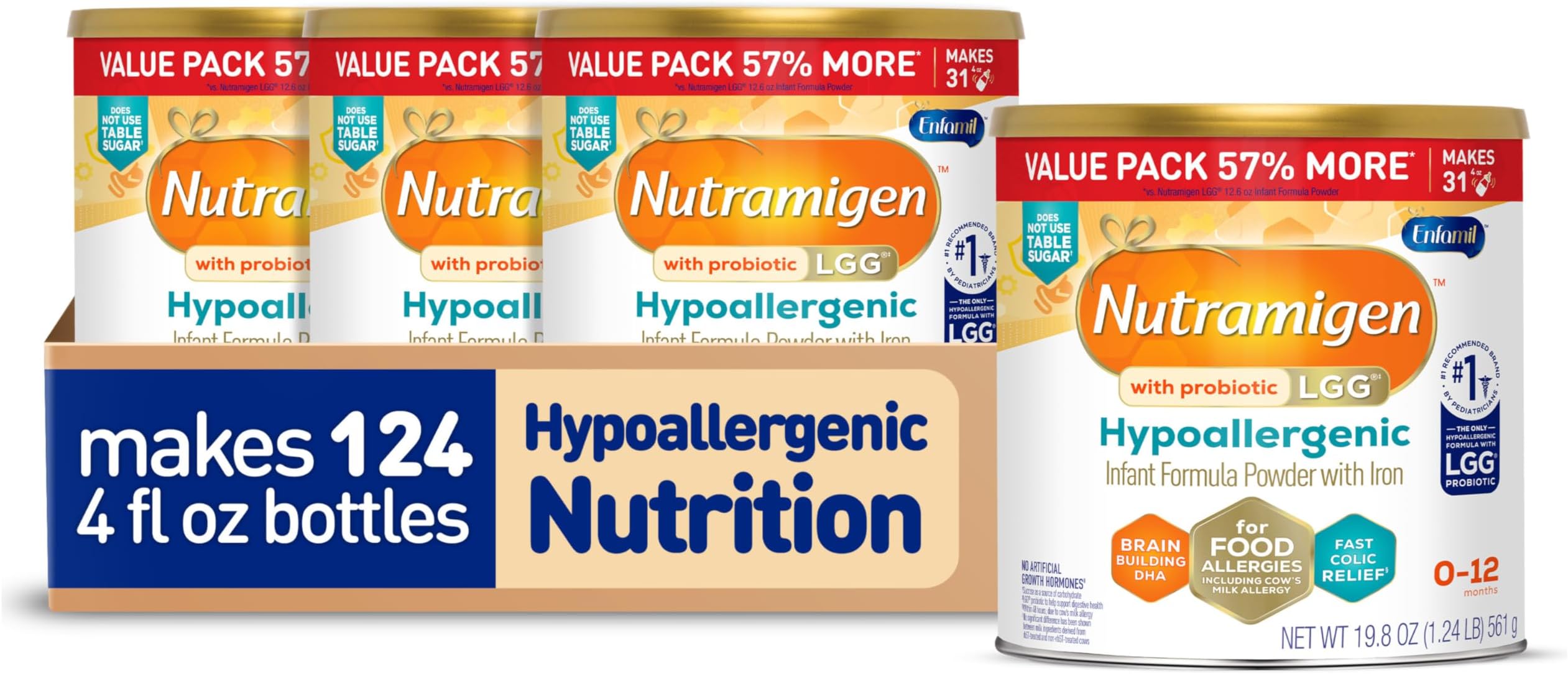 Nutramigen Hypoallergenic Baby Formula with Iron, Lactose Free, Colic Relief from Cow's Milk Allergy Starts in 24 Hours, Brain Building DHA, Probiotic LGG for Immune Support, 19.8 Oz, 4 Count