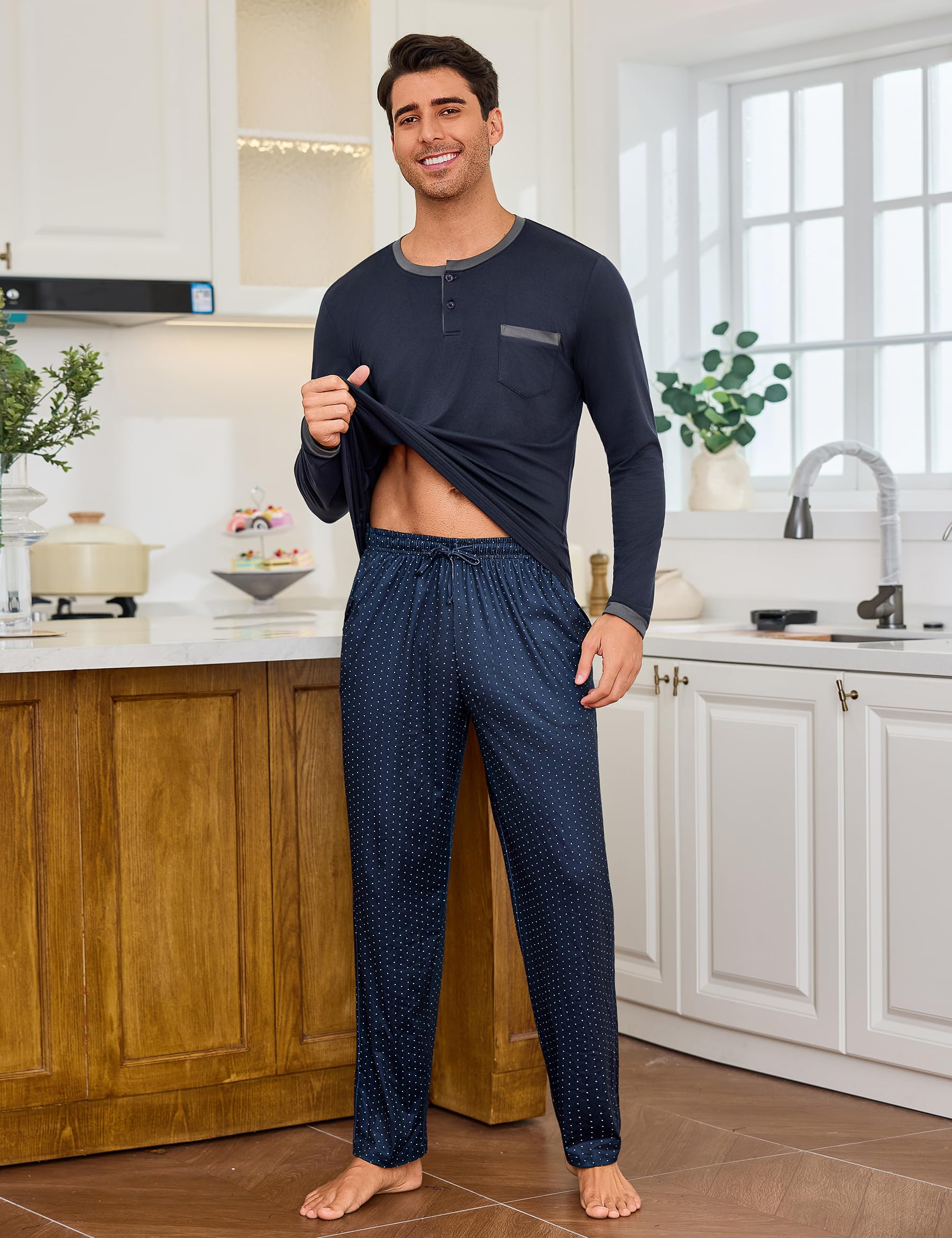 Jahetuul Pigiama Uomo Cotone Caldo Lungo con Bottoni Pigiami Due Pezzi da Uomo Invernale Morbido e Confortevole da Casa con Stampa S-4XL