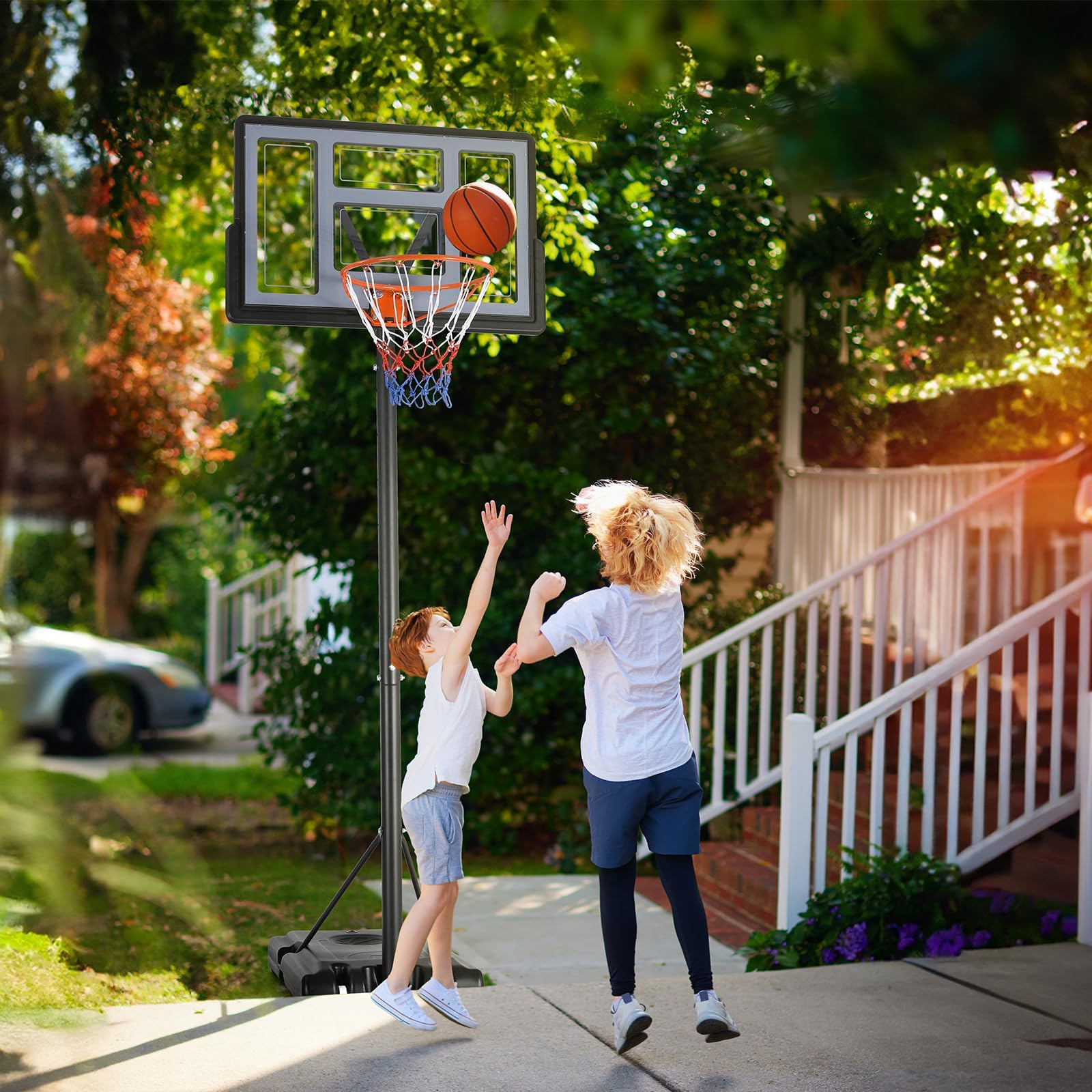 Canasta de baloncesto al aire libre para niños y adultos, altura ajustable, 135-305 cm, soporte de 110 x 71 cm, base ampliada y ruedas