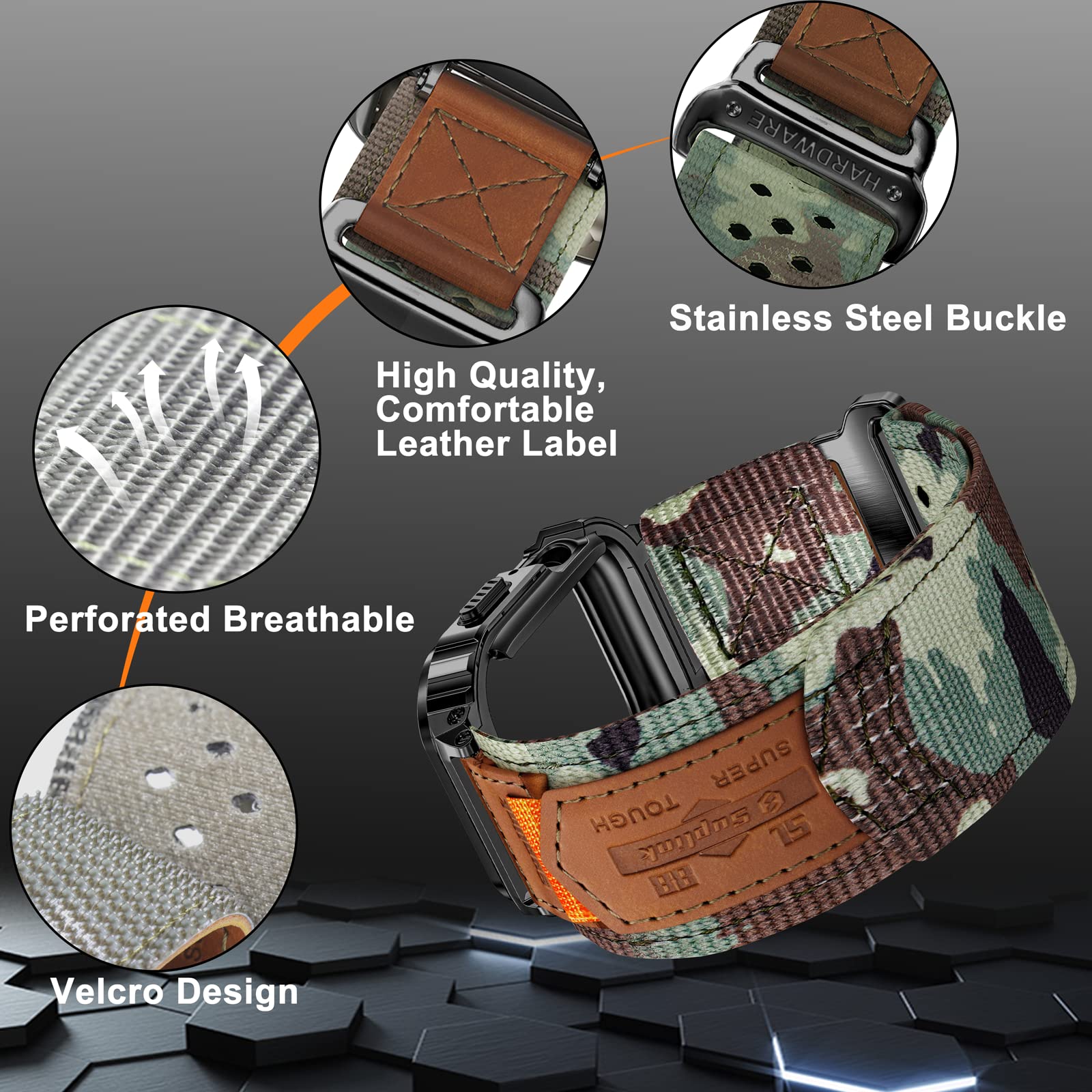 Suplink Metal Case with Nylon Band Compatible Apple Watch Bands 44mm,Stainless Steel Protector Cover Strap for iWatch Series 6/5/4/SE(Camouflage) - Image 2