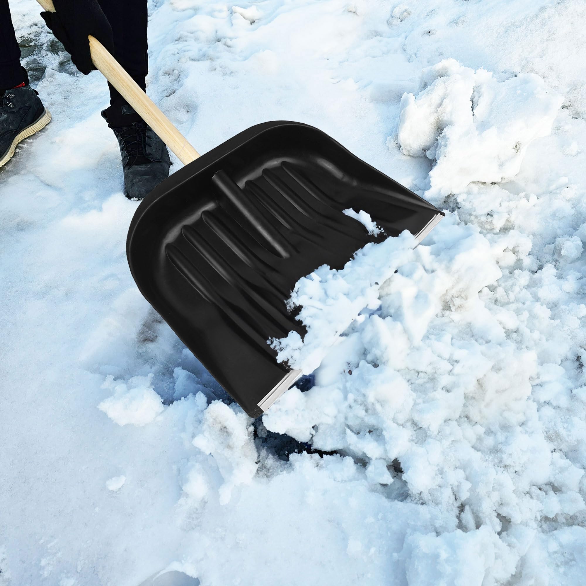 Schneeschaufel Set 4 Stück – Schneeschieber mit Aluminiumkante, Holzstiel & D-Griff – Robuste Schneeschaufeln für Einfahrt, Gehweg, Terrasse – Schwarz