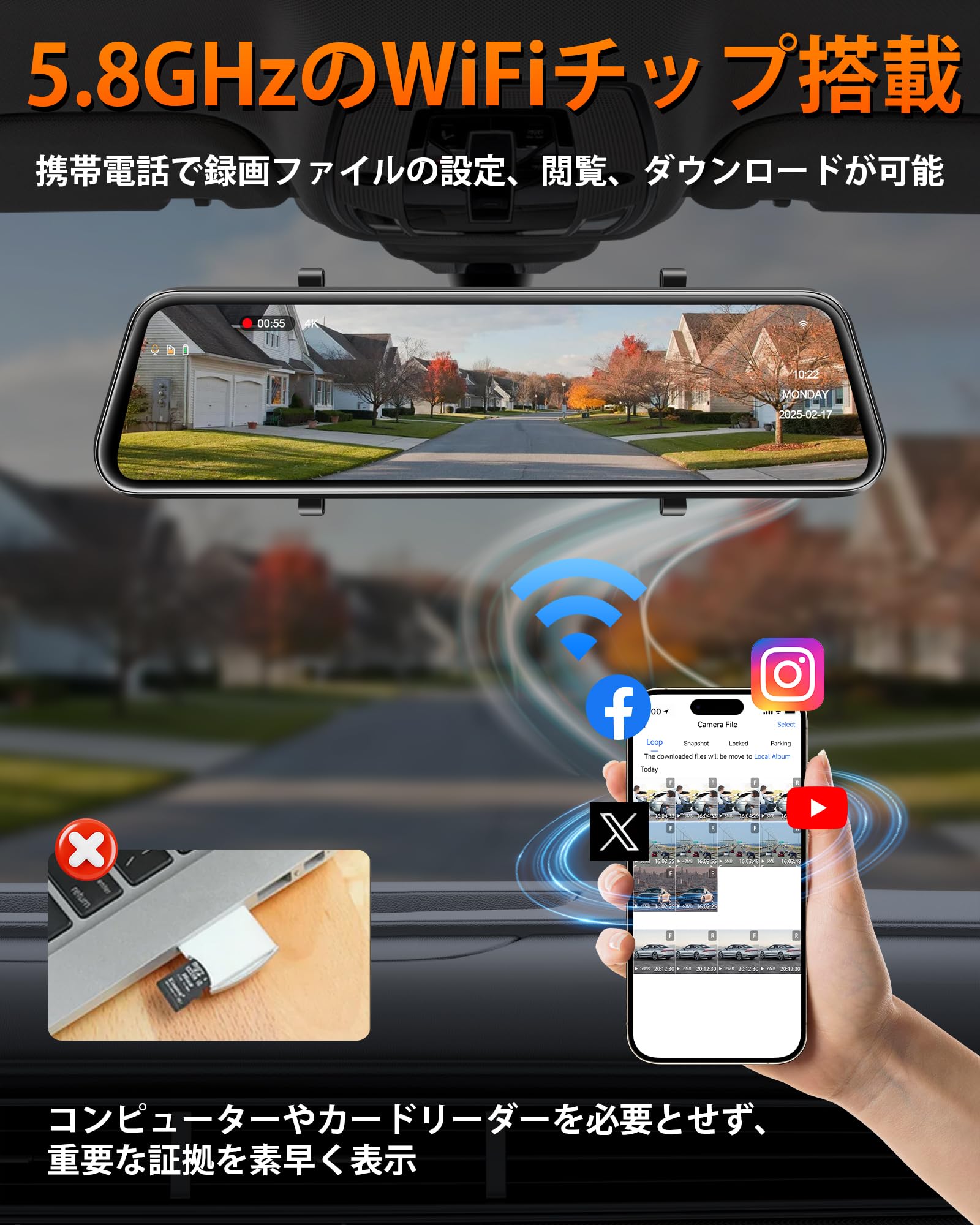 Amazon.co.jp: 12インチ【WIFI機能】4Kドライブレコーダー ミラー型 大 