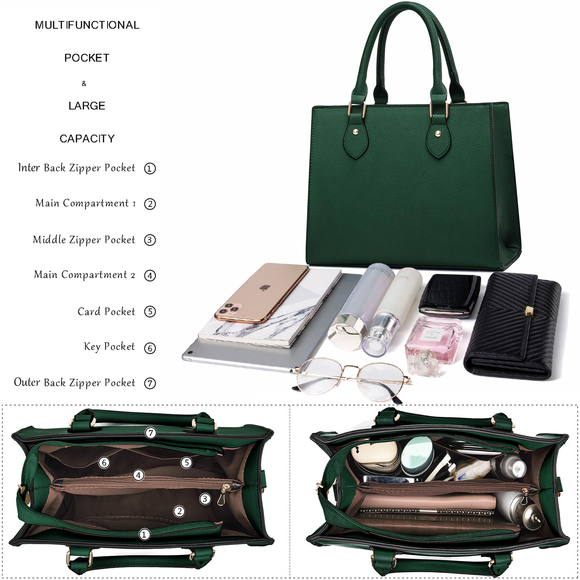 CHICAROUSAL Crossbody Purses and Handbags for Women PU Leather Tote Top Handle Satchel Shoulder Bags: Liz Dark Green