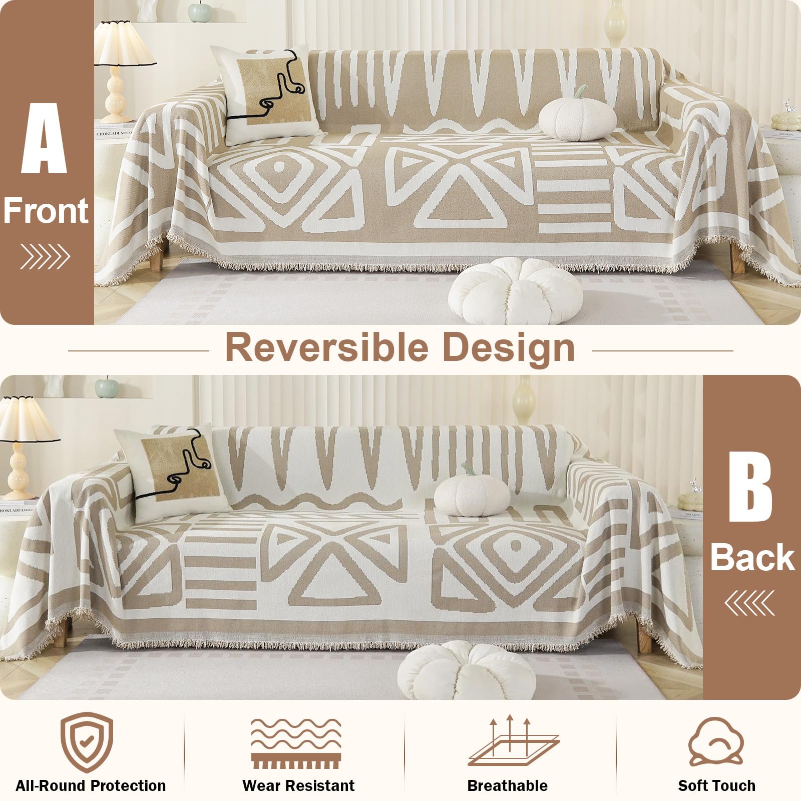 OstepDecor Boho Sofa Cover 4 Seater, Chenille Couch Cover for Corner Sofa Washable Sofa Slipcover - Image 2